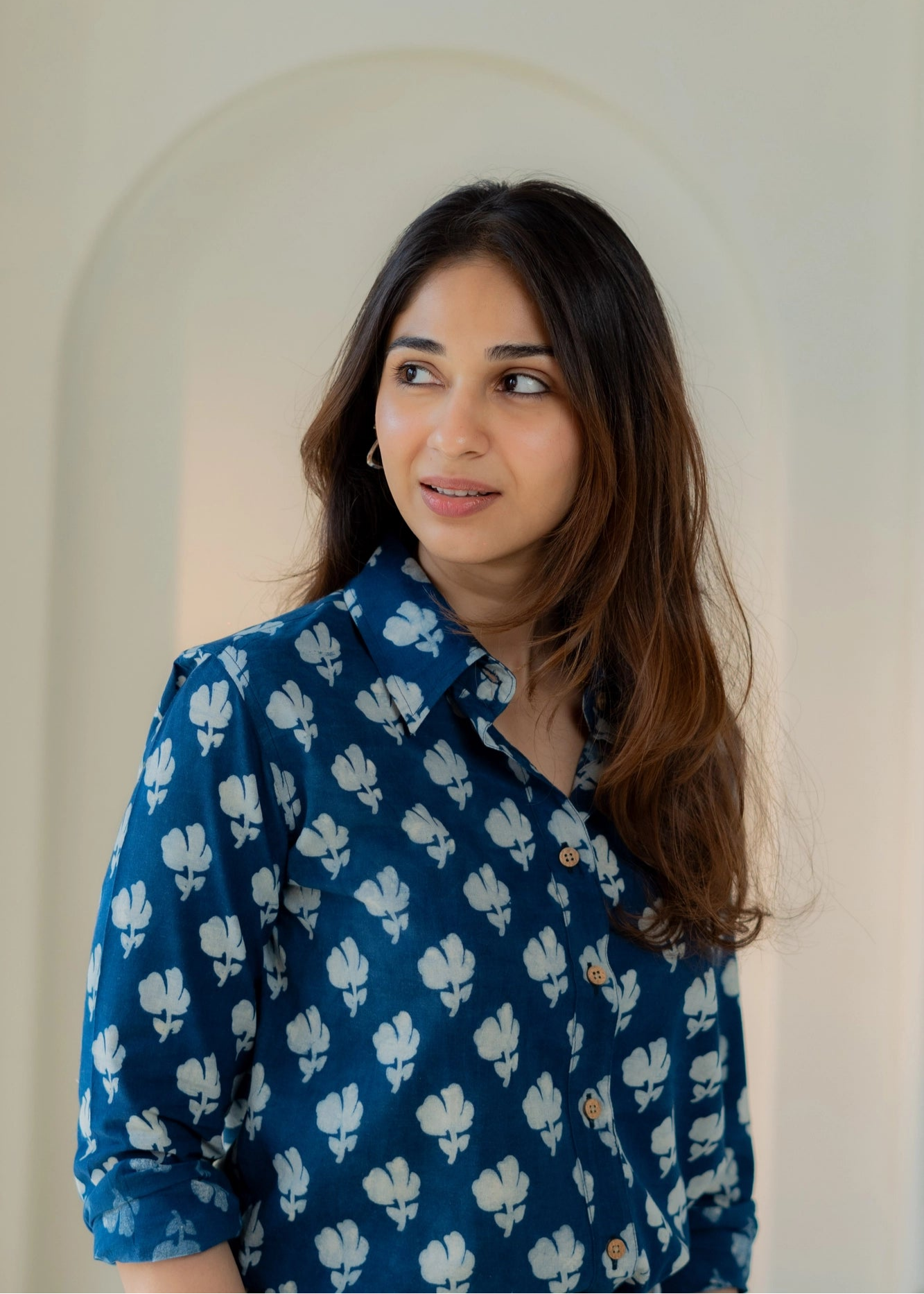 Navy Blue Bagru Block Print Cotton Shirt