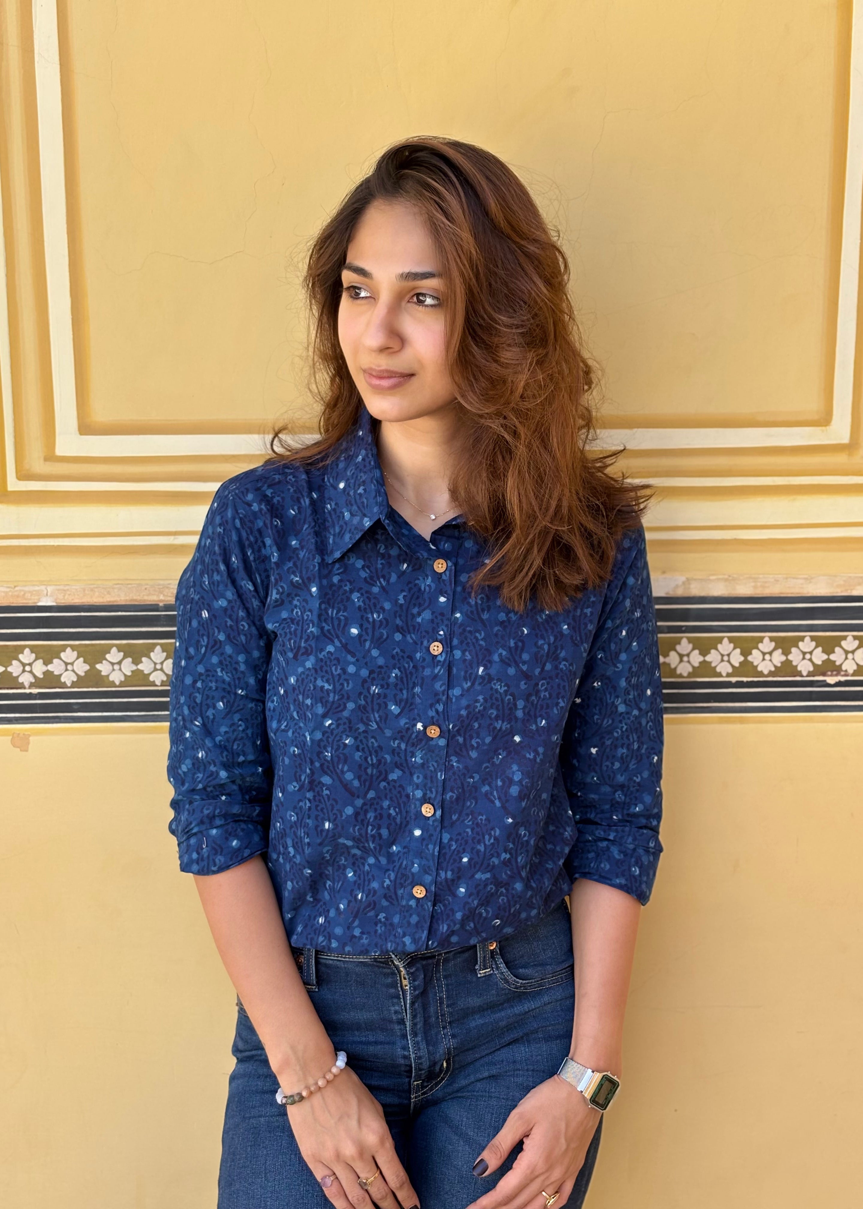 Navy Blue Floral Handblock Cotton Shirt