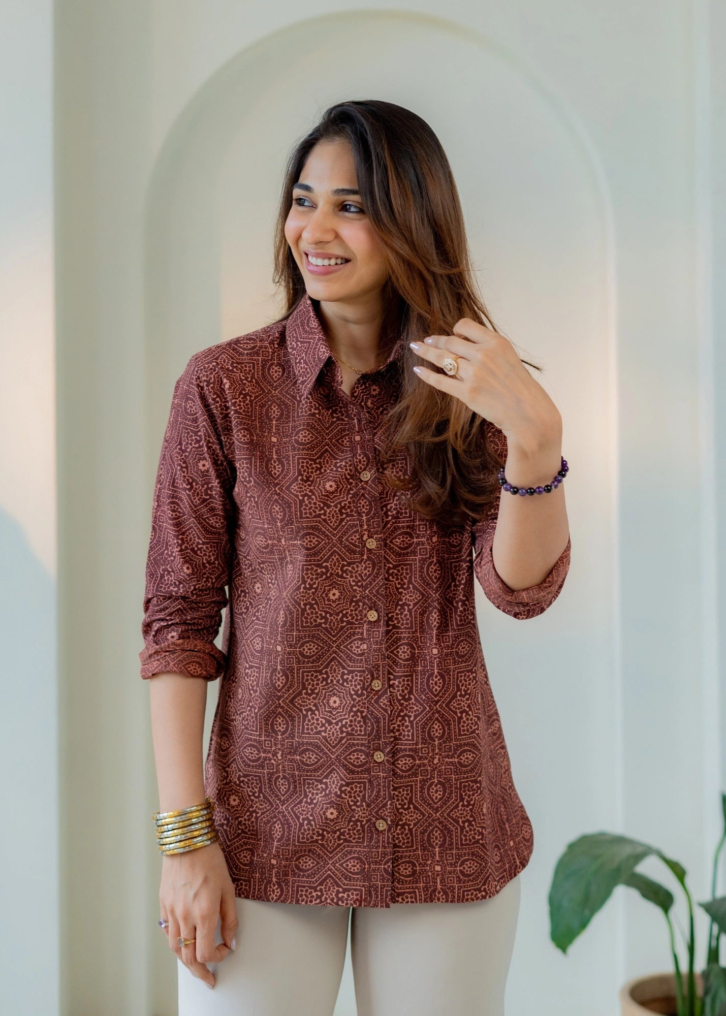 Ajrakh Maroon Clay Handblock Cotton Shirt