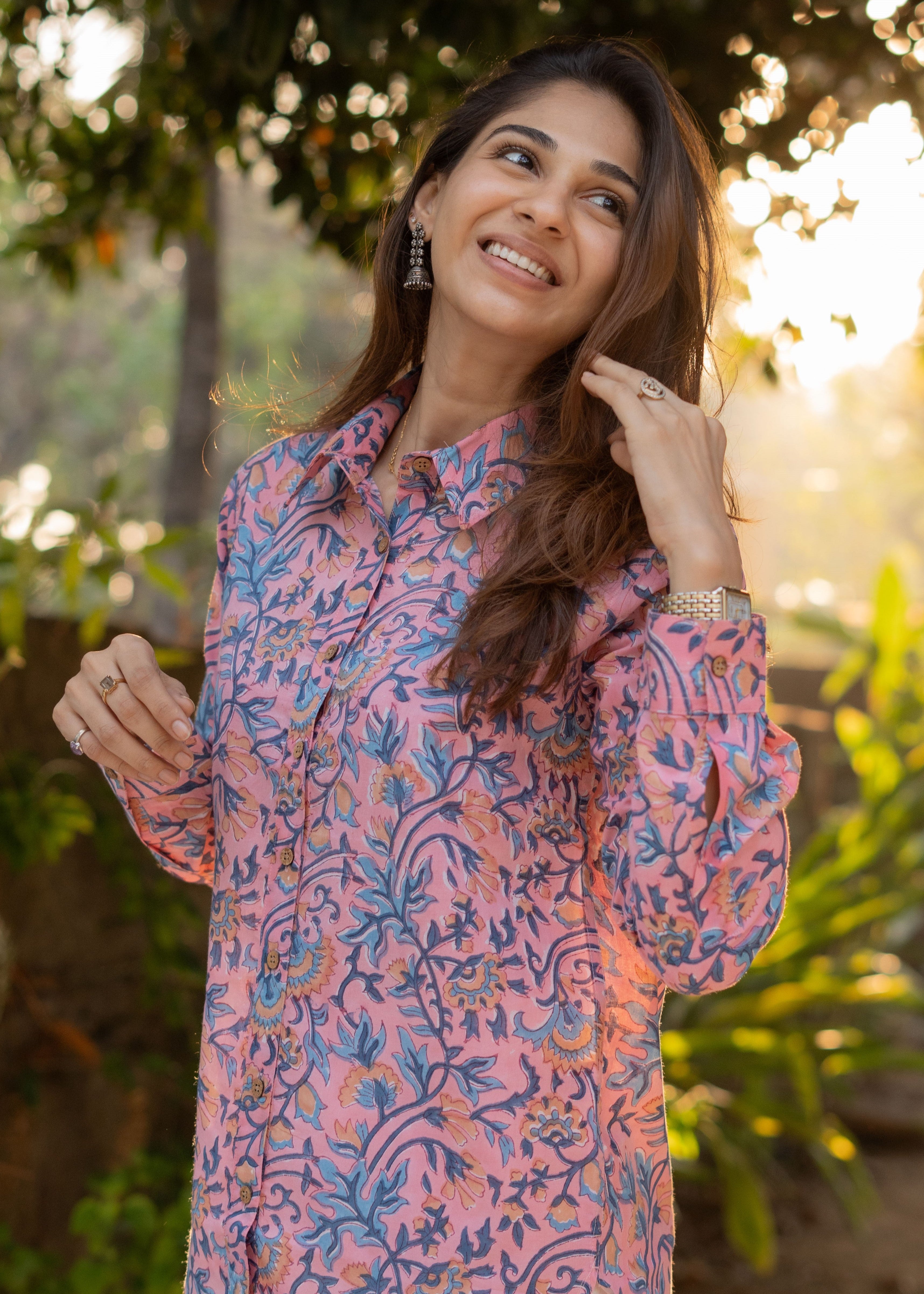 Pink Floral Handblock Shirt