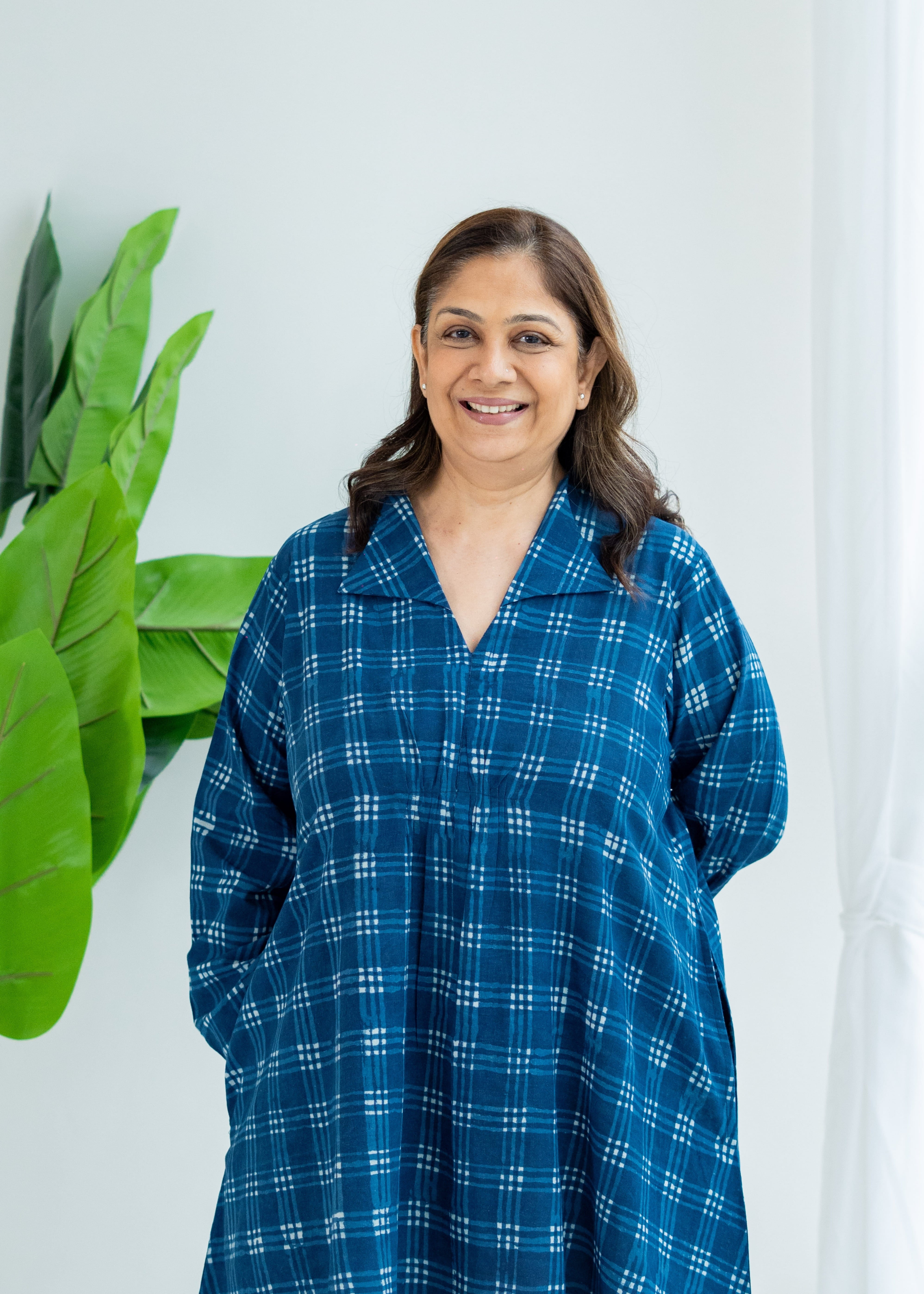 Indigo Checks Block Print Cotton A Line Dress