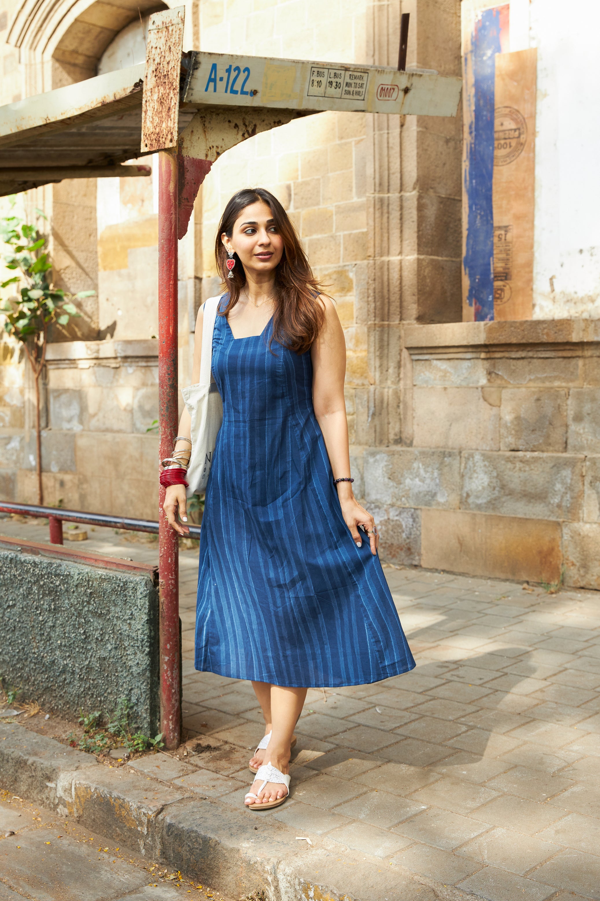 Indigo Tie Dye Stripe Cotton Corset Dress
