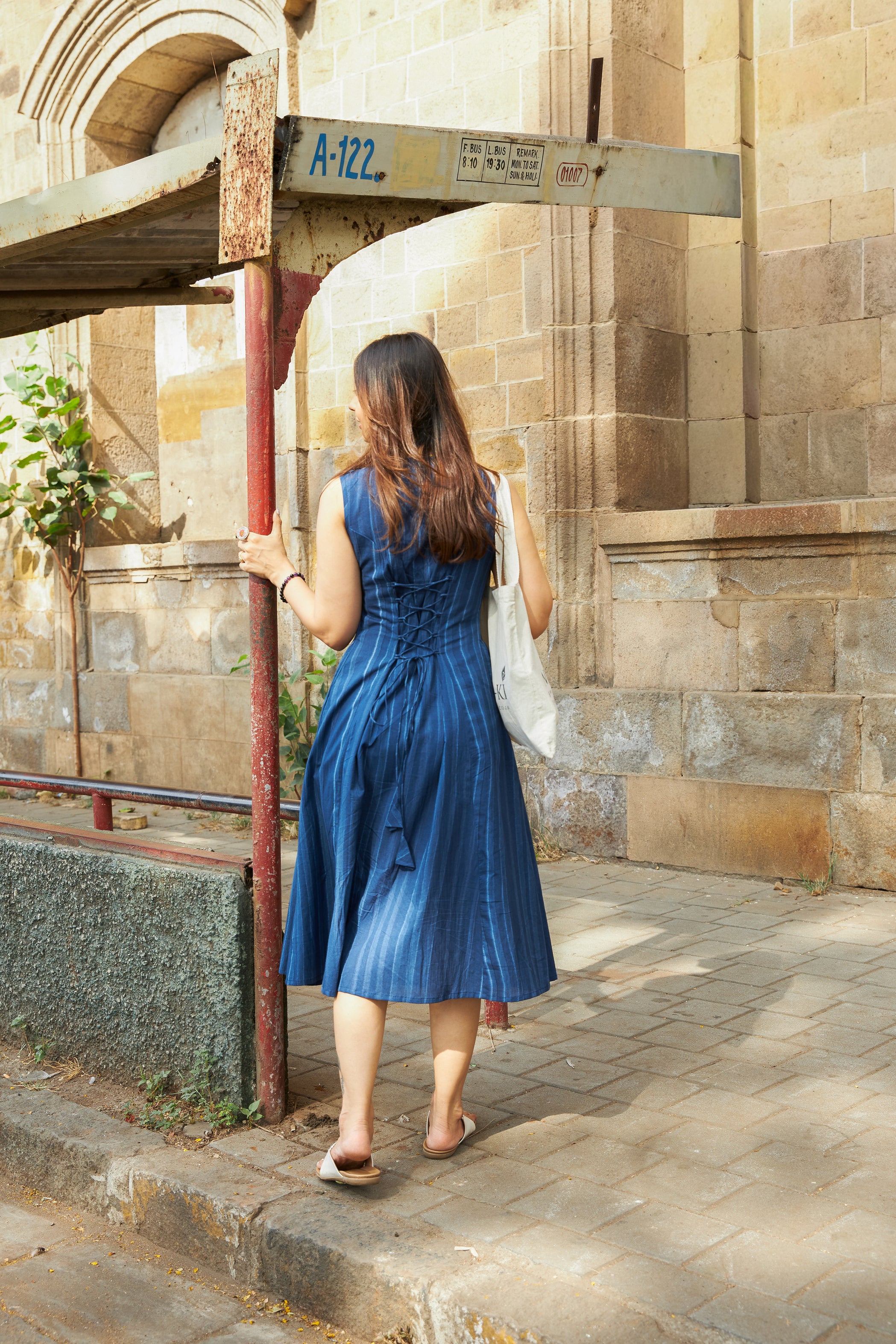 Indigo Tie Dye Stripe Cotton Corset Dress