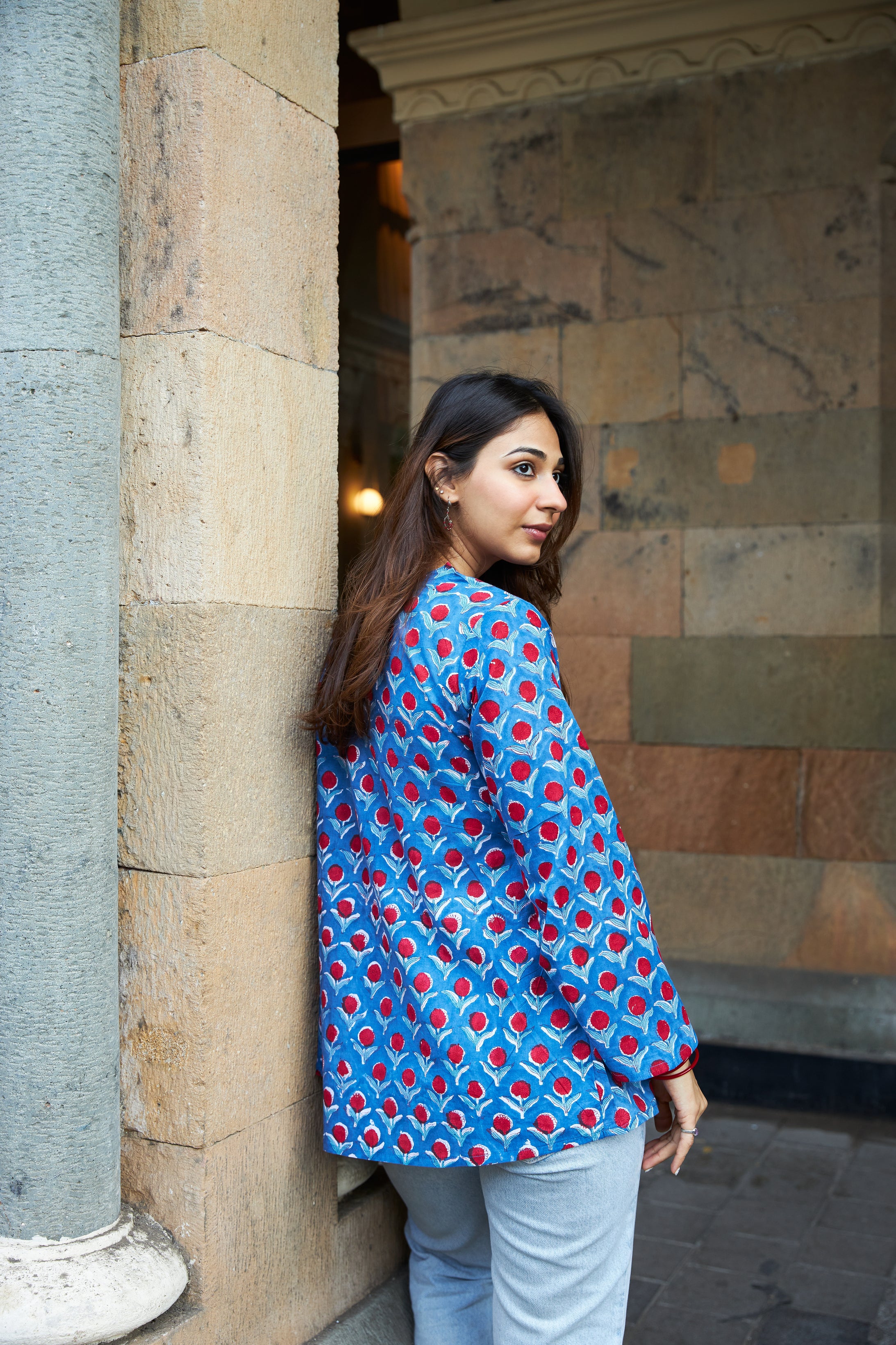 Blue Cherry Bell Sleeves Cotton Short Top