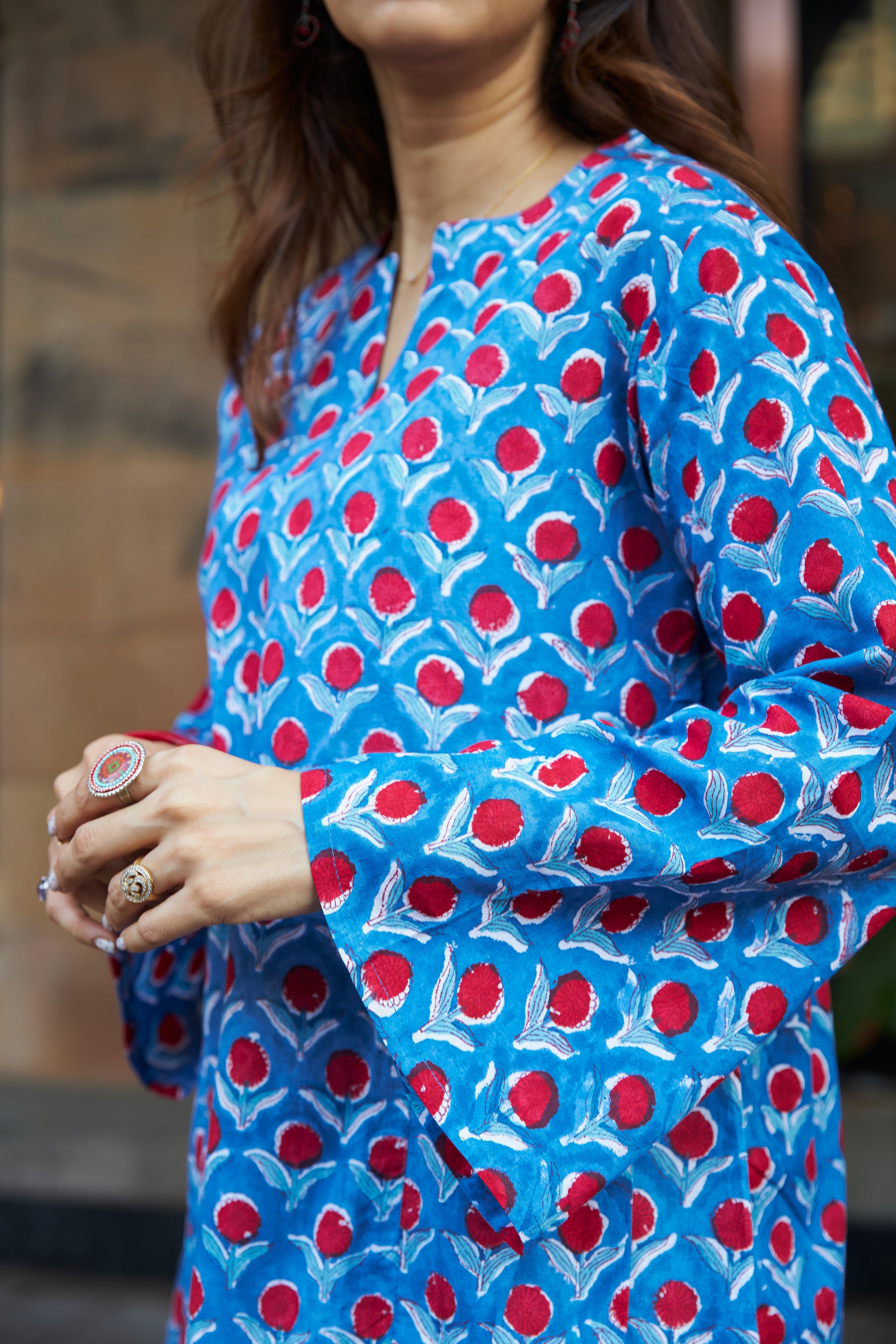 Blue Cherry Bell Sleeves Cotton Short Top