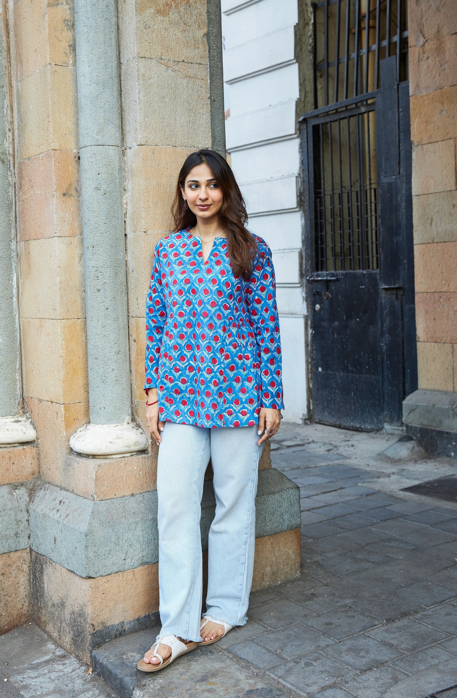 Blue Cherry Bell Sleeves Cotton Short Top