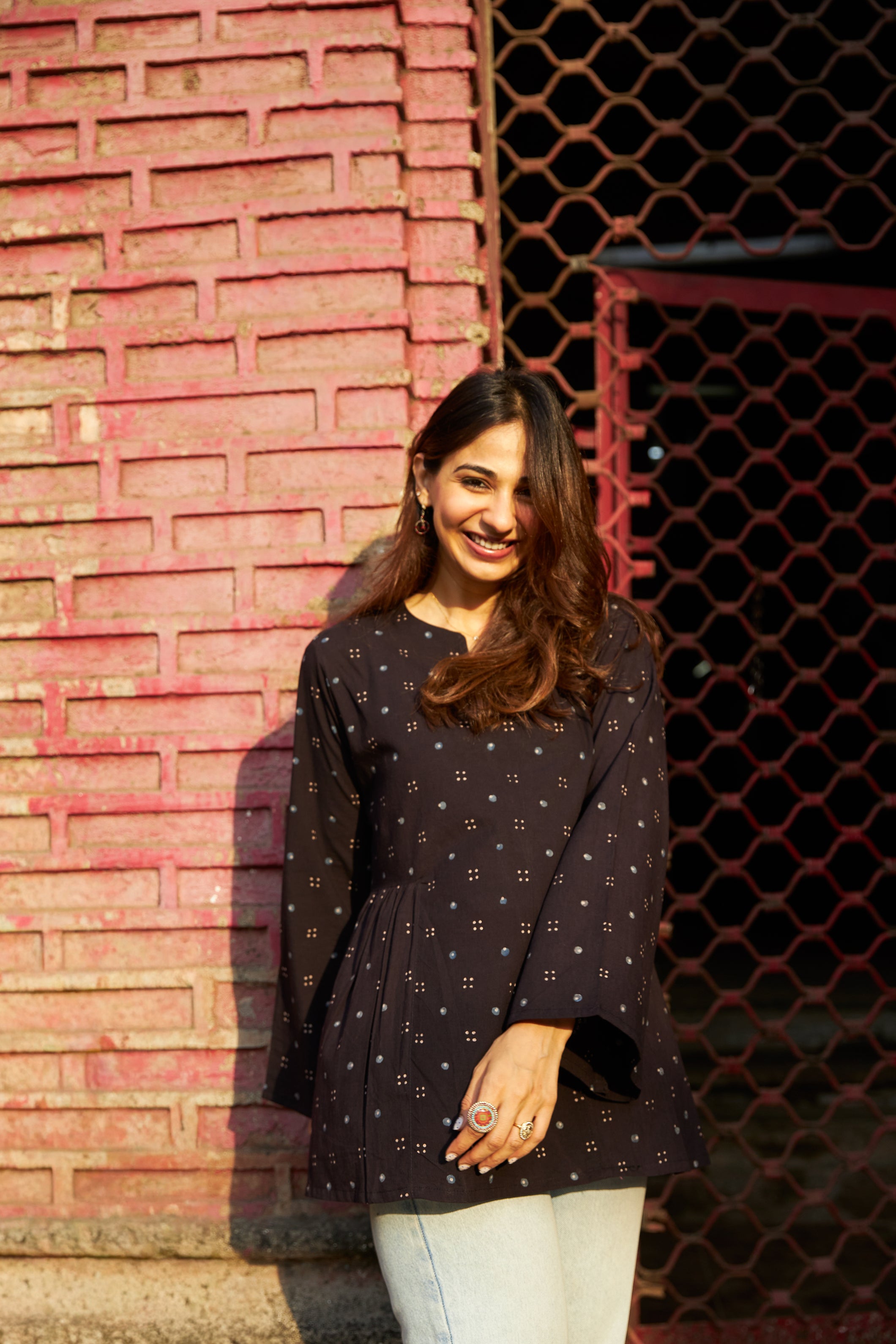 Black Ajrakh Bell Sleeves Cotton Short Top