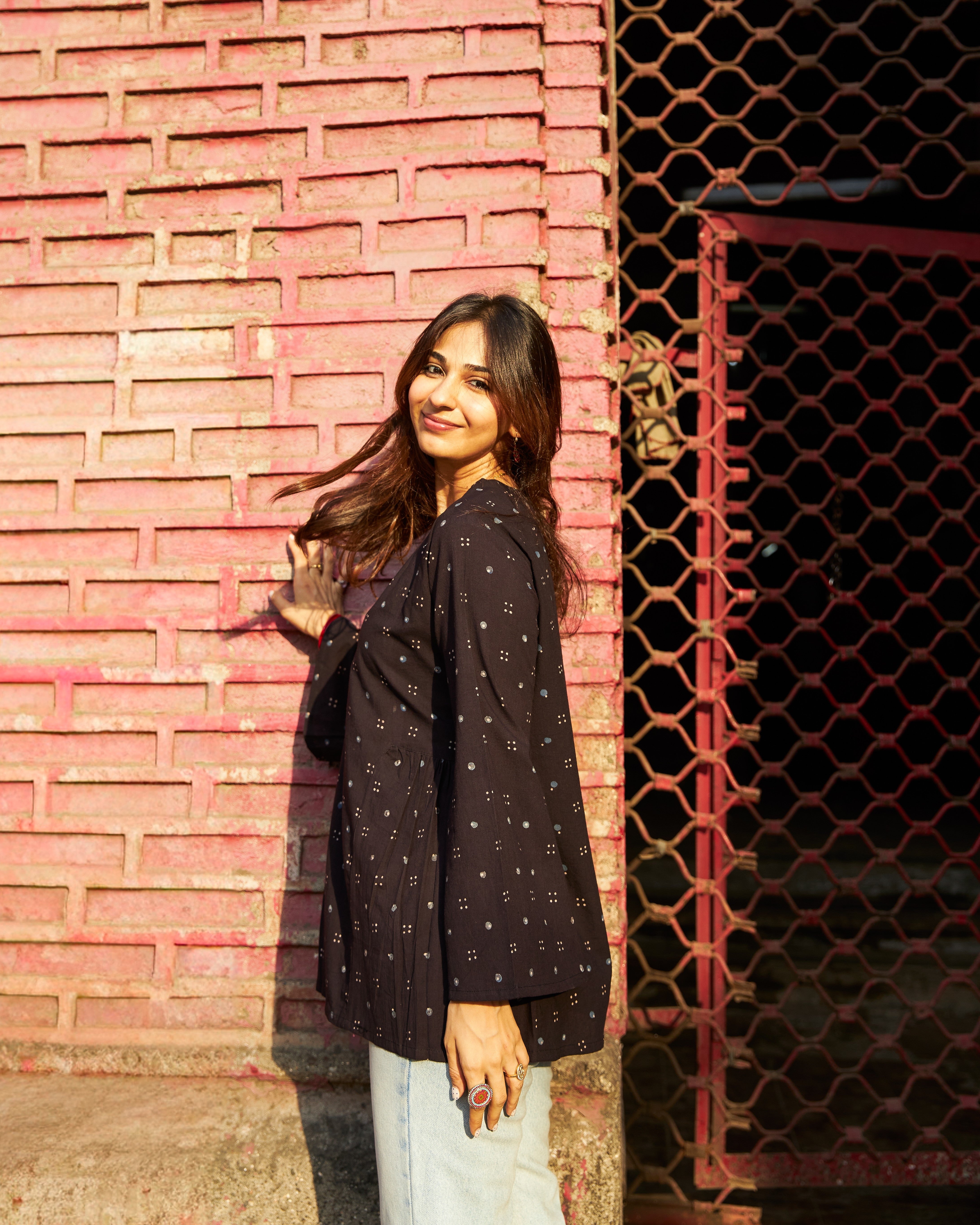 Black Ajrakh Bell Sleeves Cotton Short Top