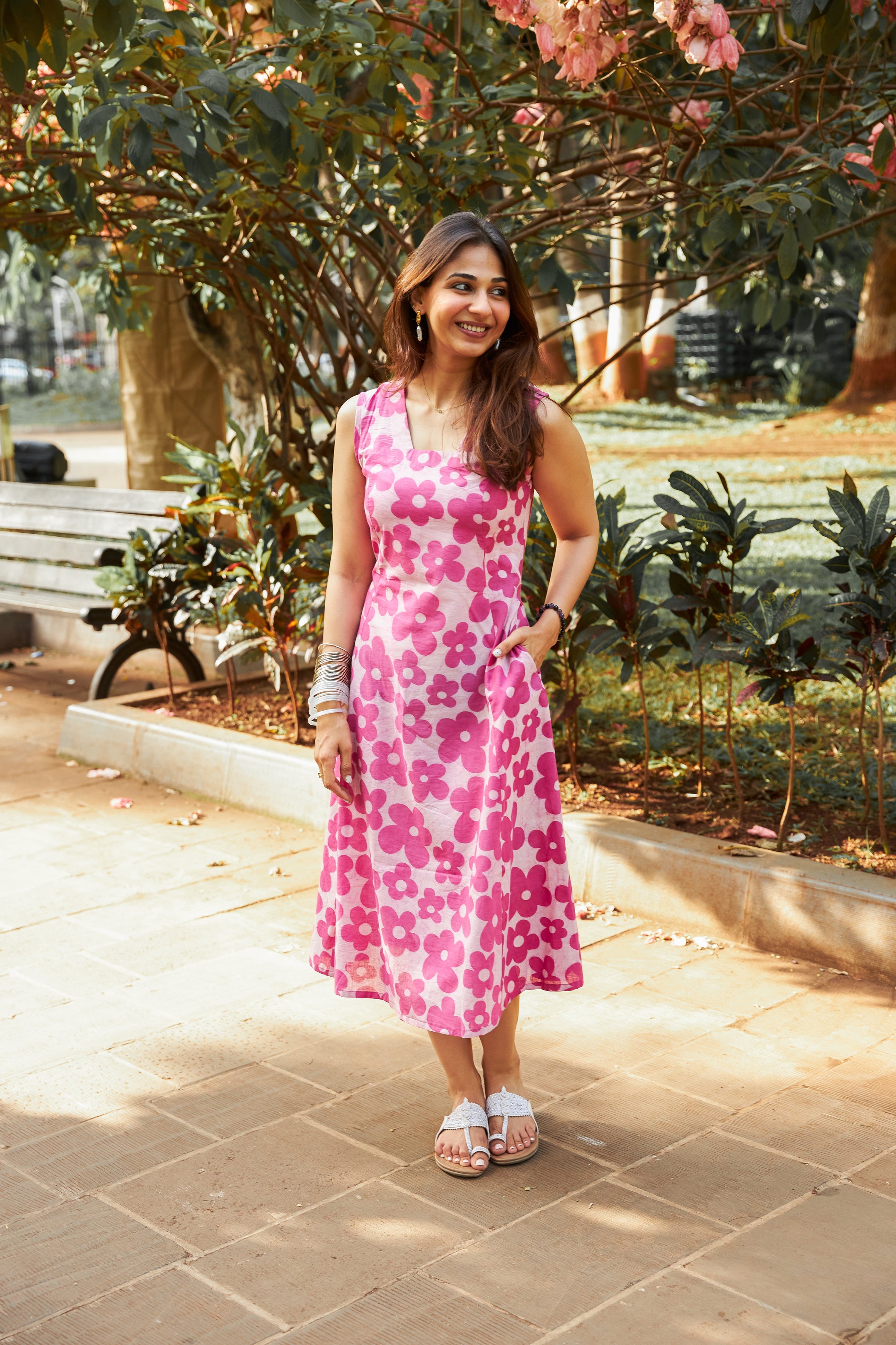 Pink Bagru Floral Handblock Cotton Corset Dress