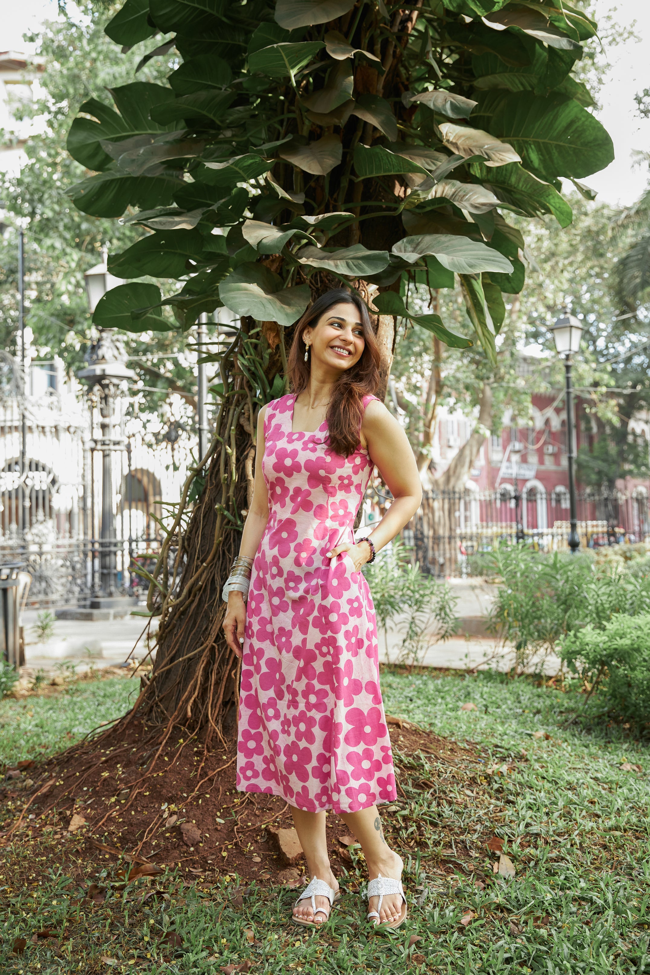 Pink Bagru Floral Handblock Cotton Corset Dress