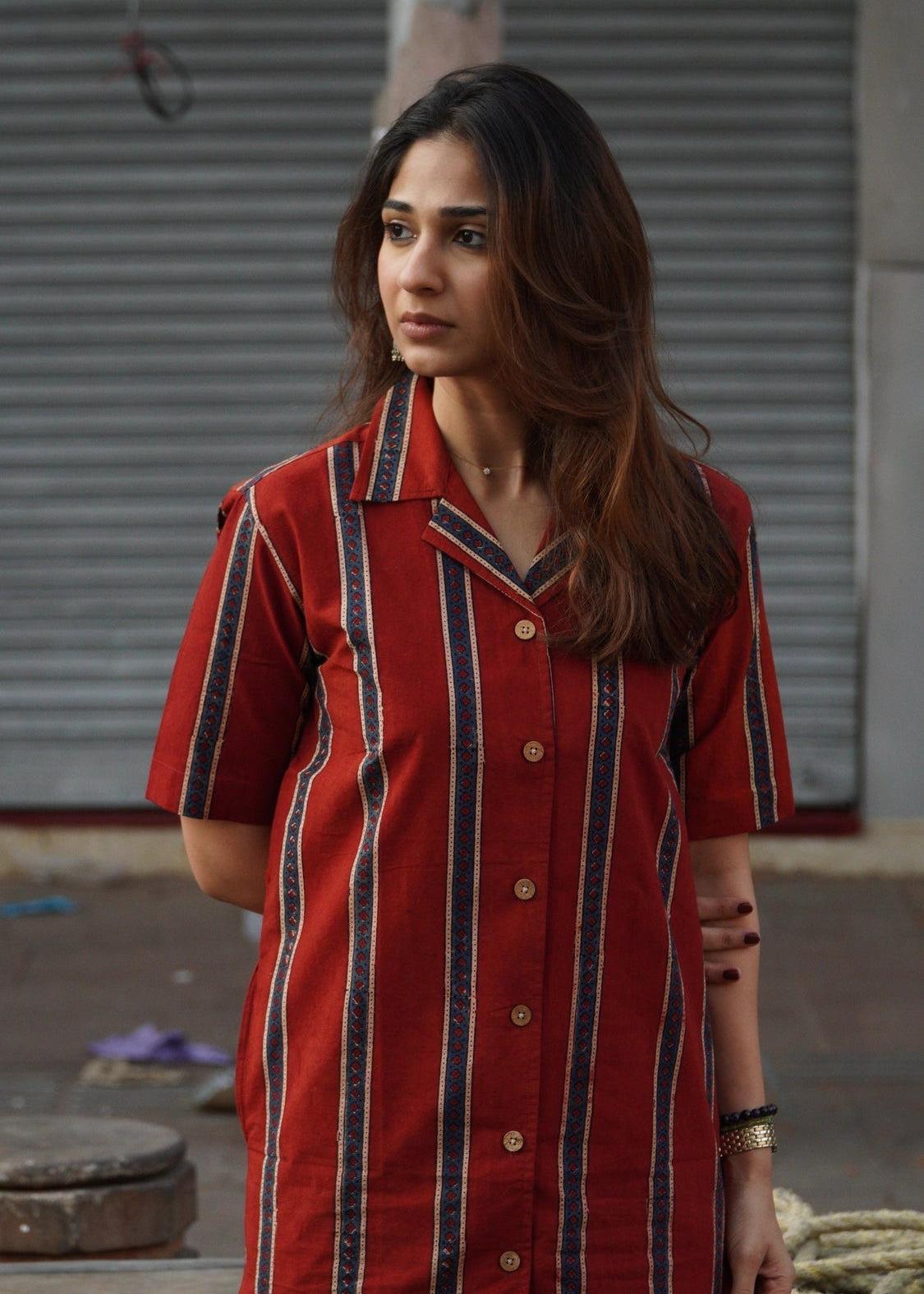 Red Ajrakh Stripe Shirt Kurti