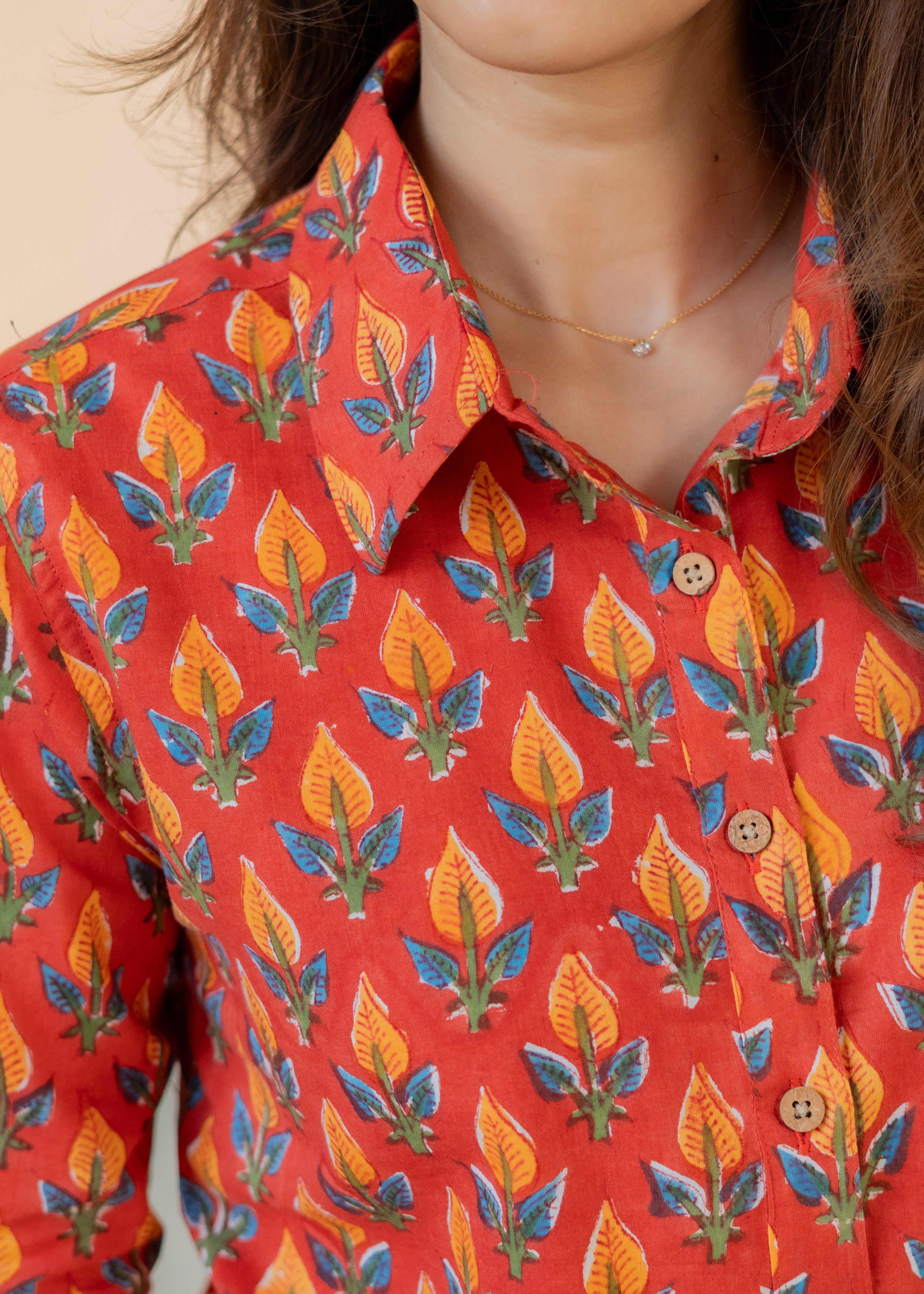 Mango Red Leaf Handblock Cotton Shirt