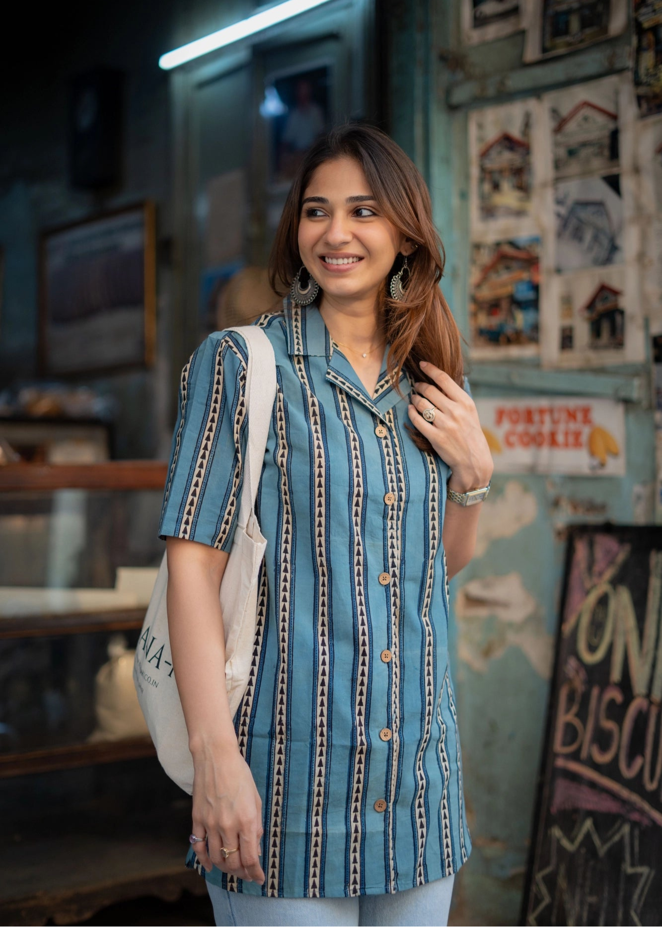 Indigo Ajrakh Stripe Shirt Kurti