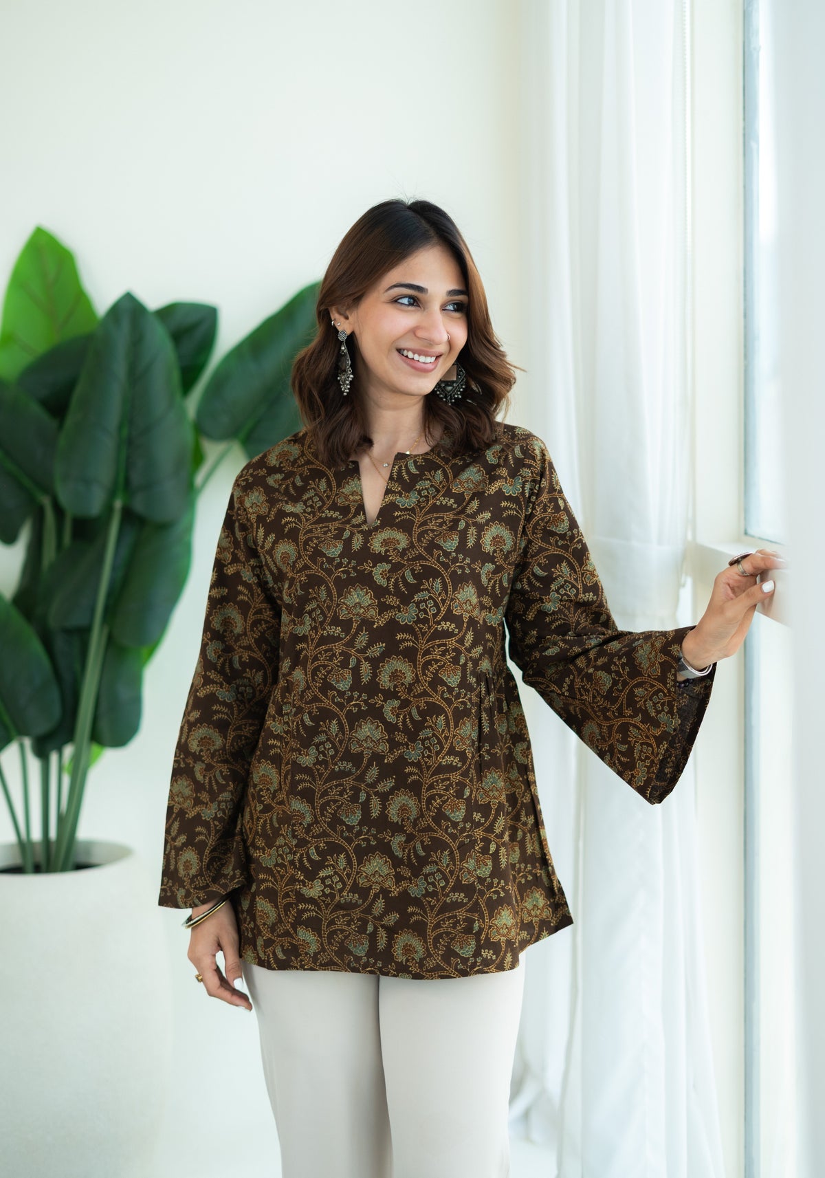 Ajrakh Gold Floral Bell Sleeves Cotton Short Top
