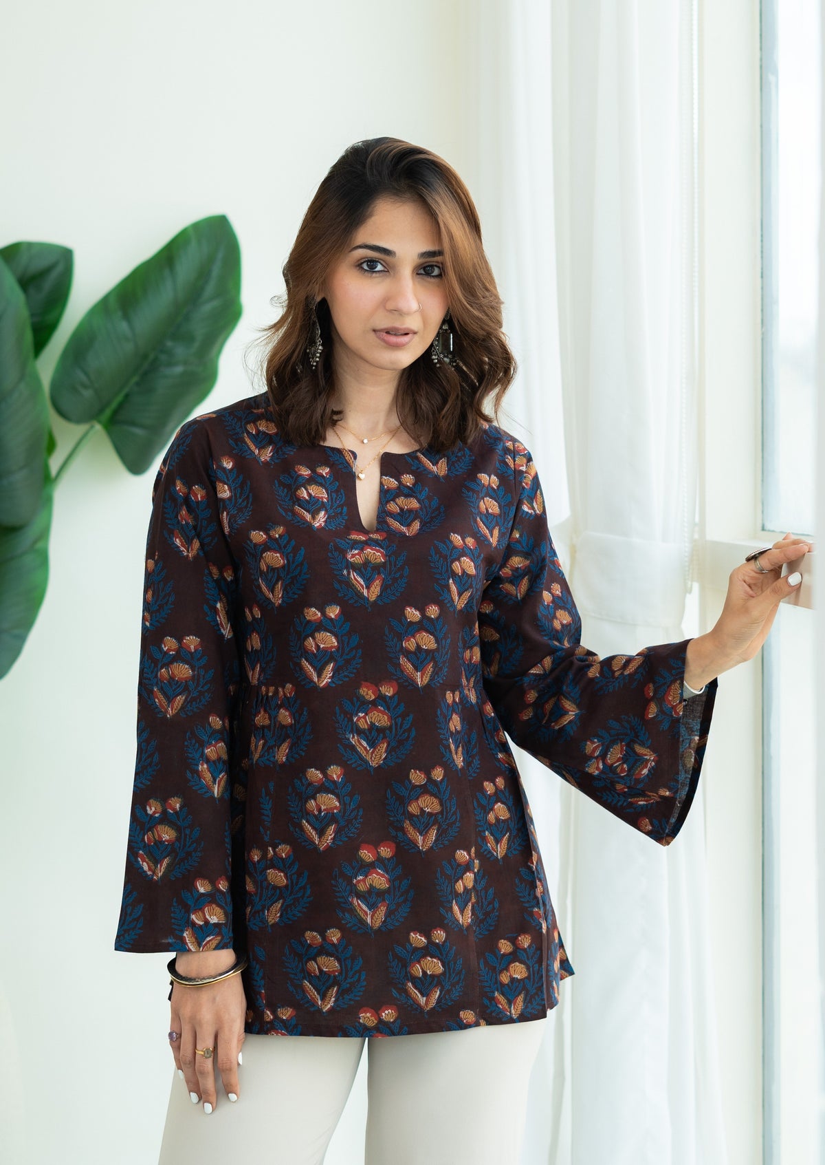 Maroon Bagru Phool Bell Sleeves Cotton Short Top