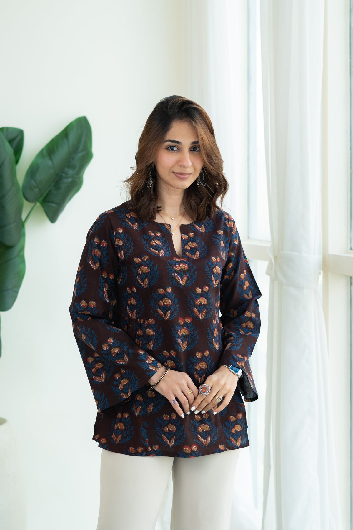 Maroon Bagru Phool Bell Sleeves Cotton Short Top