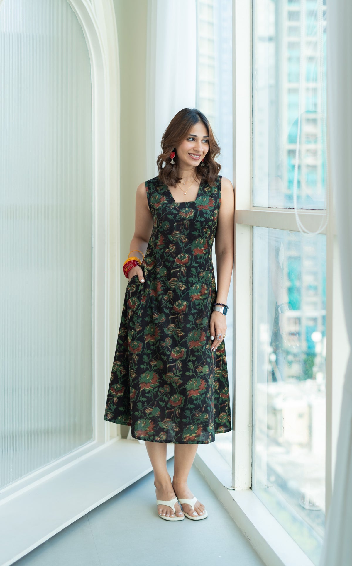 Syahi Green Floral Cotton Corset Dress