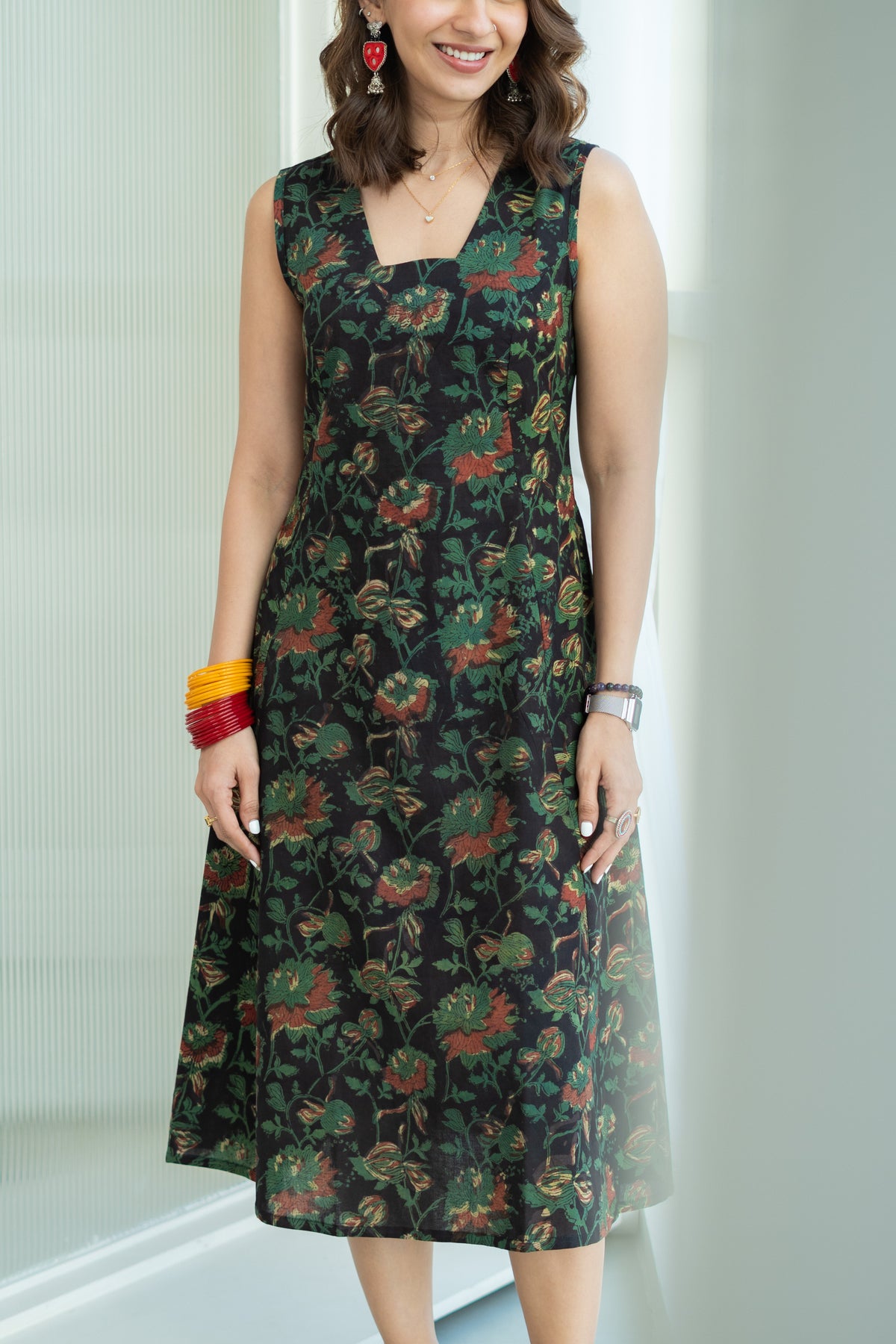 Syahi Green Floral Cotton Corset Dress