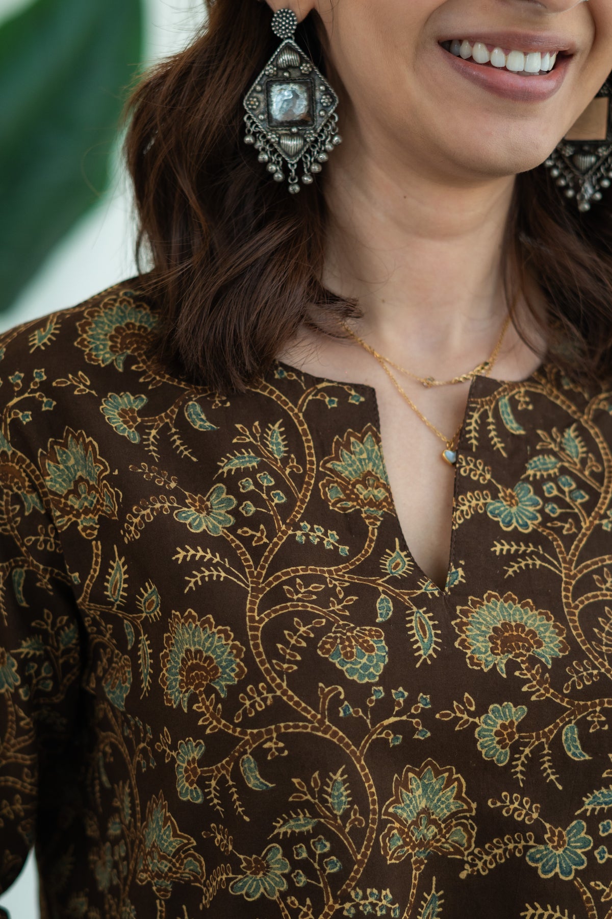 Ajrakh Gold Floral Bell Sleeves Cotton Short Top
