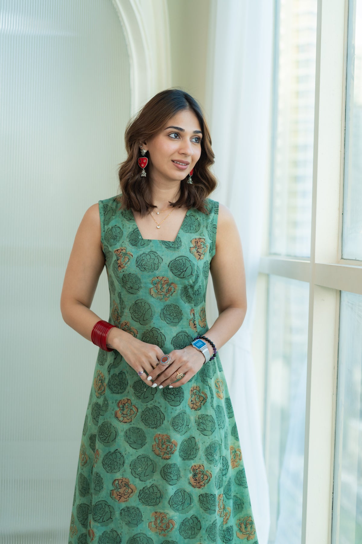 Green Bagru Floral Cotton Corset Dress