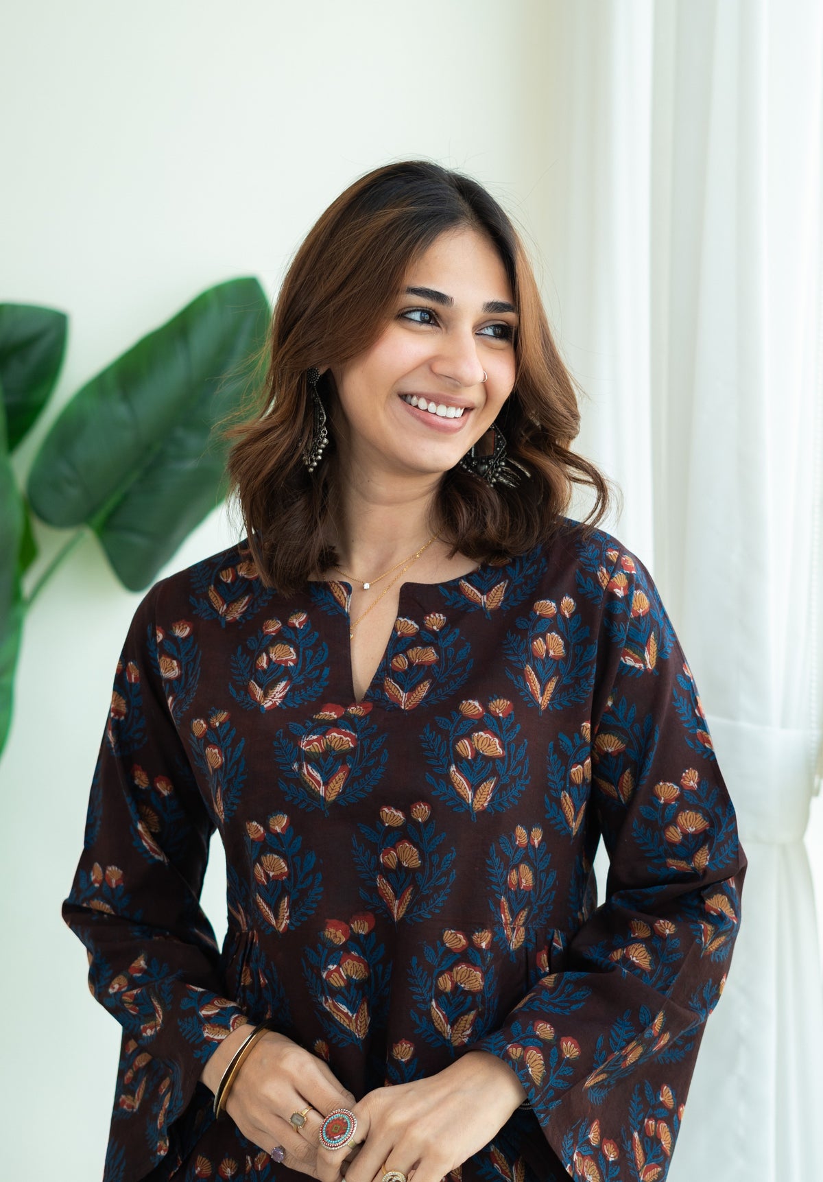 Maroon Bagru Phool Bell Sleeves Cotton Short Top