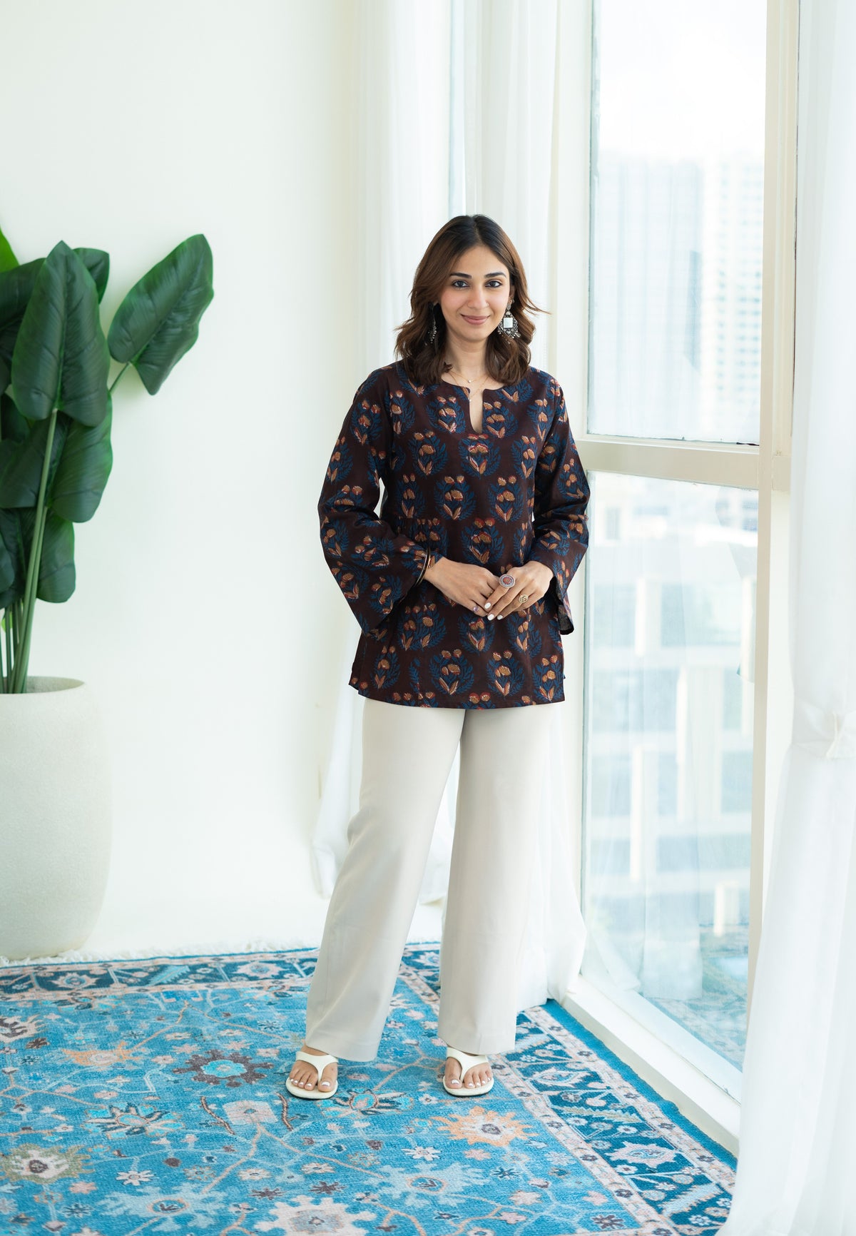 Maroon Bagru Phool Bell Sleeves Cotton Short Top