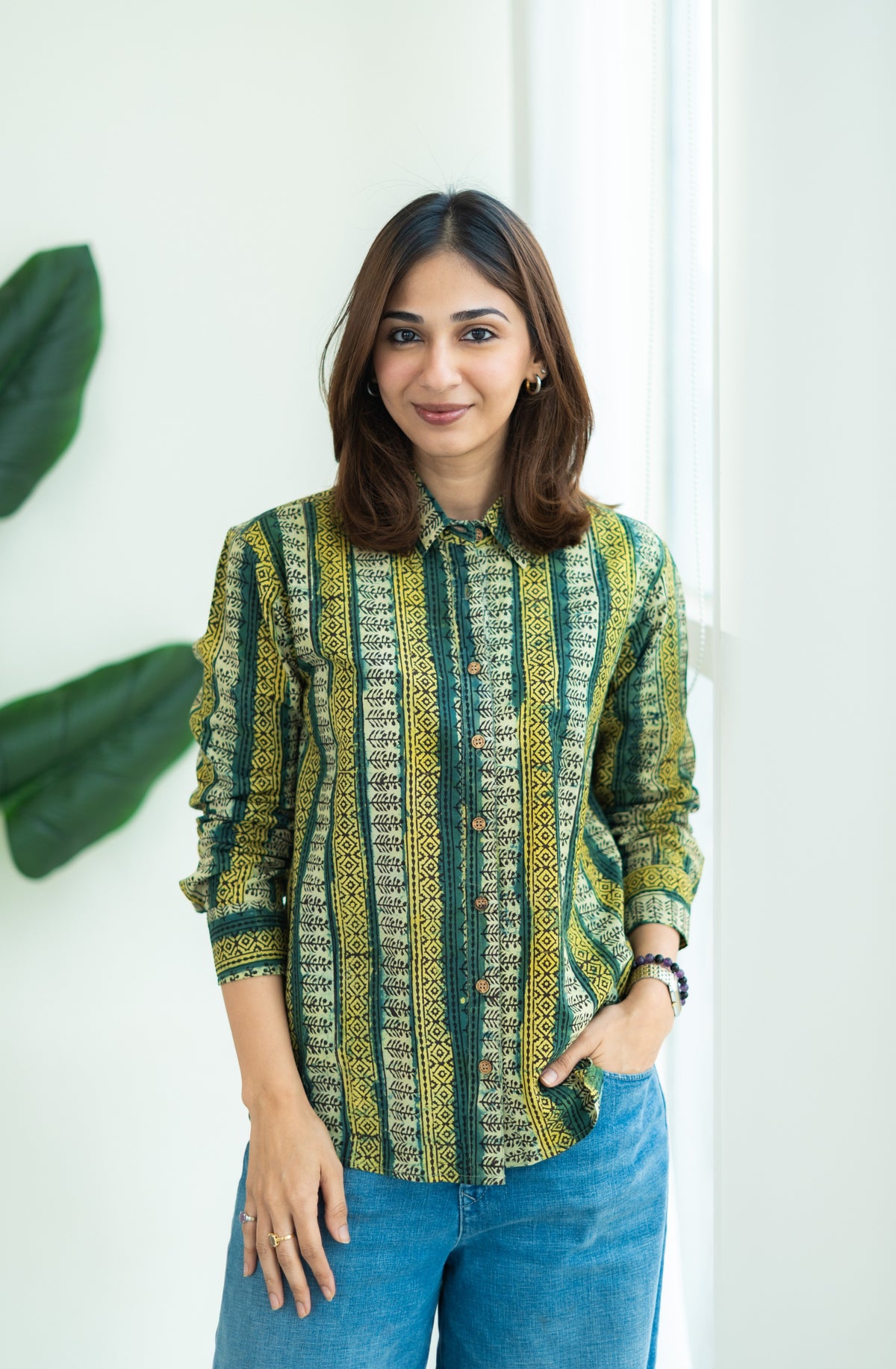 Floral Vine Ajrakh Stripe Handblock Cotton Shirt