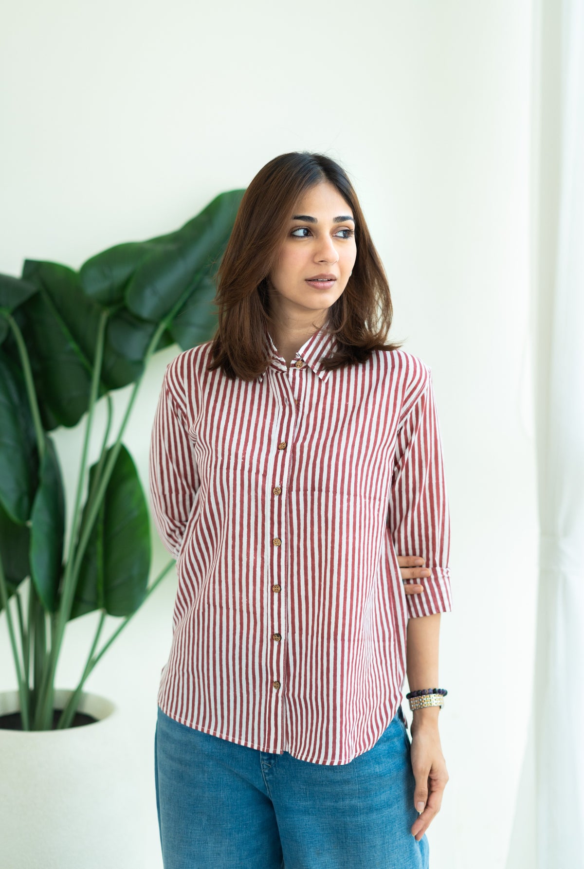 Laal Leheriya Stripe Block Print Cotton Shirt