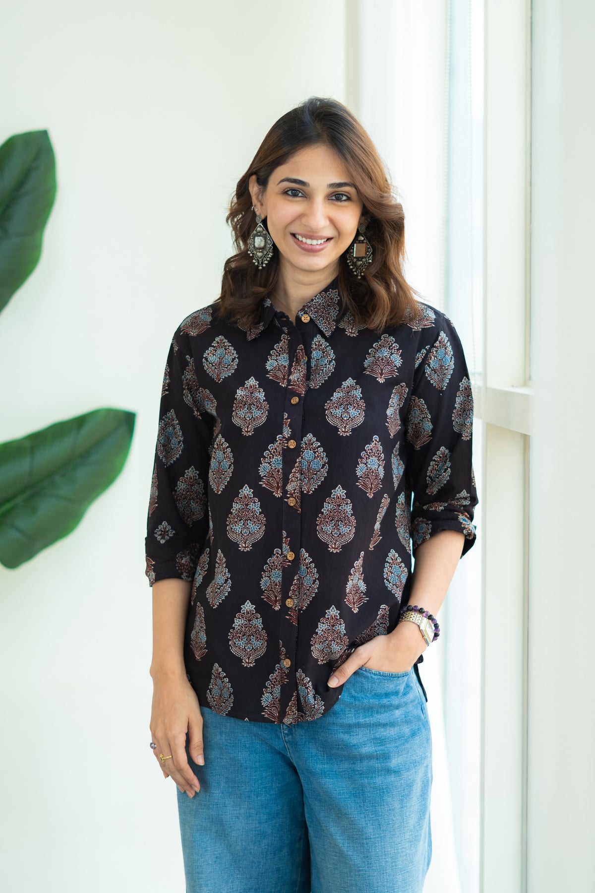 Ajrakh Black Motif Handblock Cotton Shirt