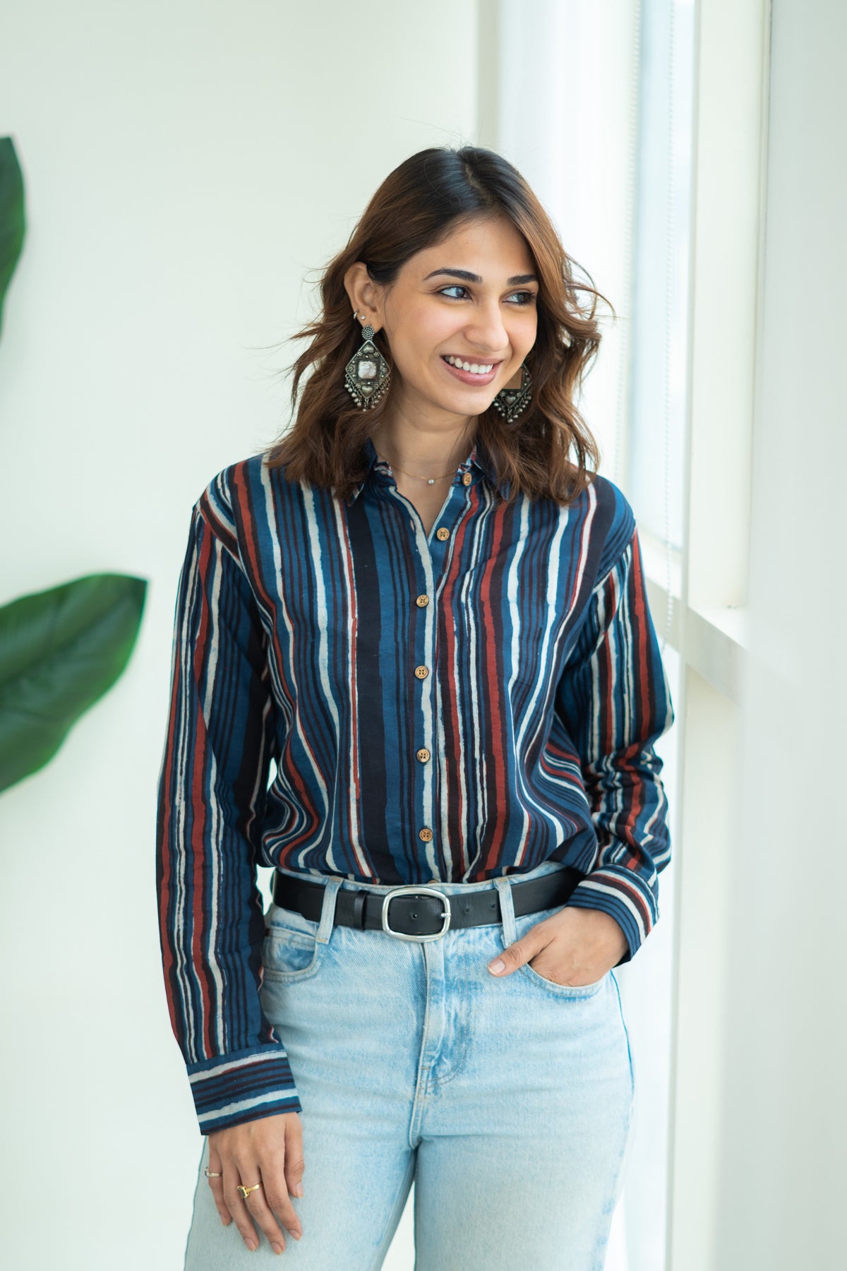 Indigo Red Bagru Stripe Handblock Cotton Shirt