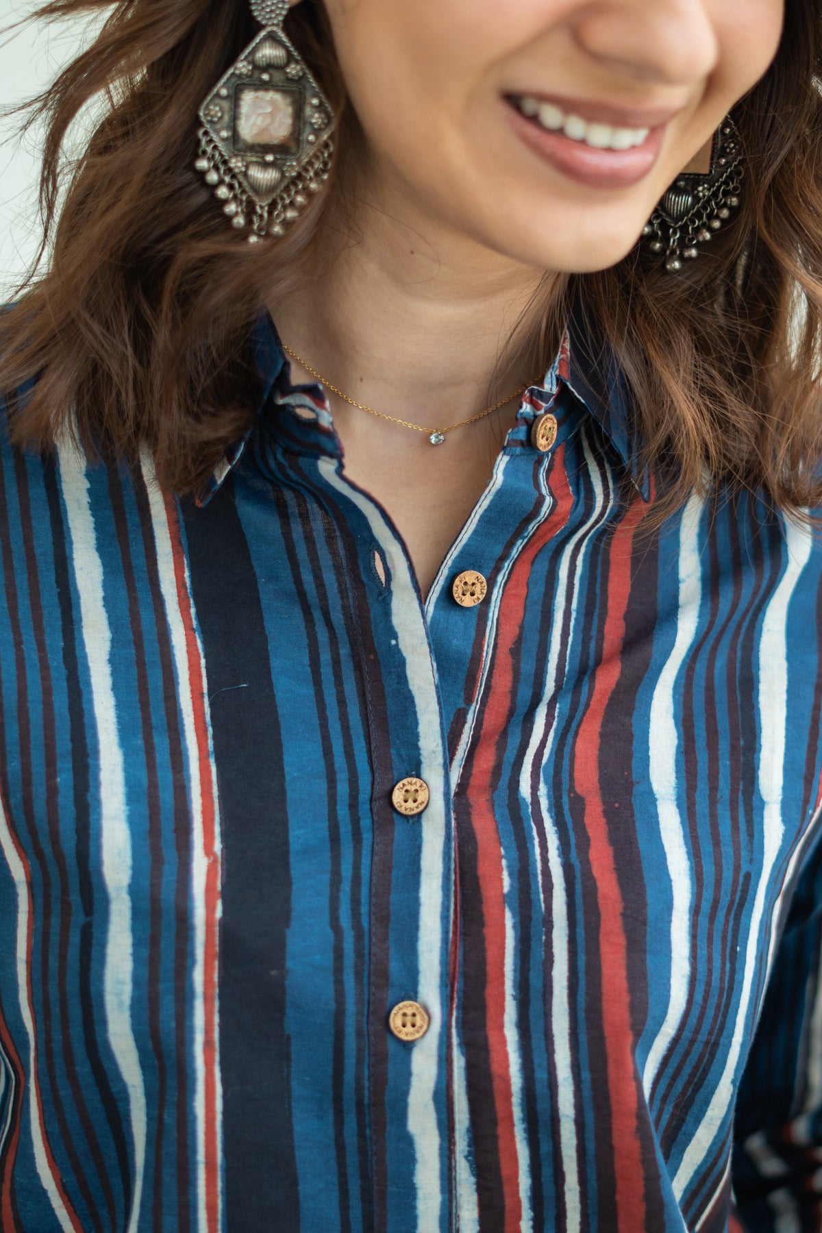 Indigo Red Bagru Stripe Handblock Cotton Shirt