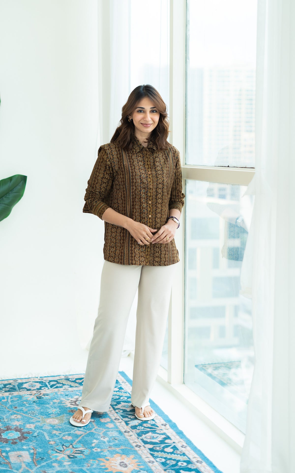Ajrakh Gold Stripe Handblock Cotton Shirt