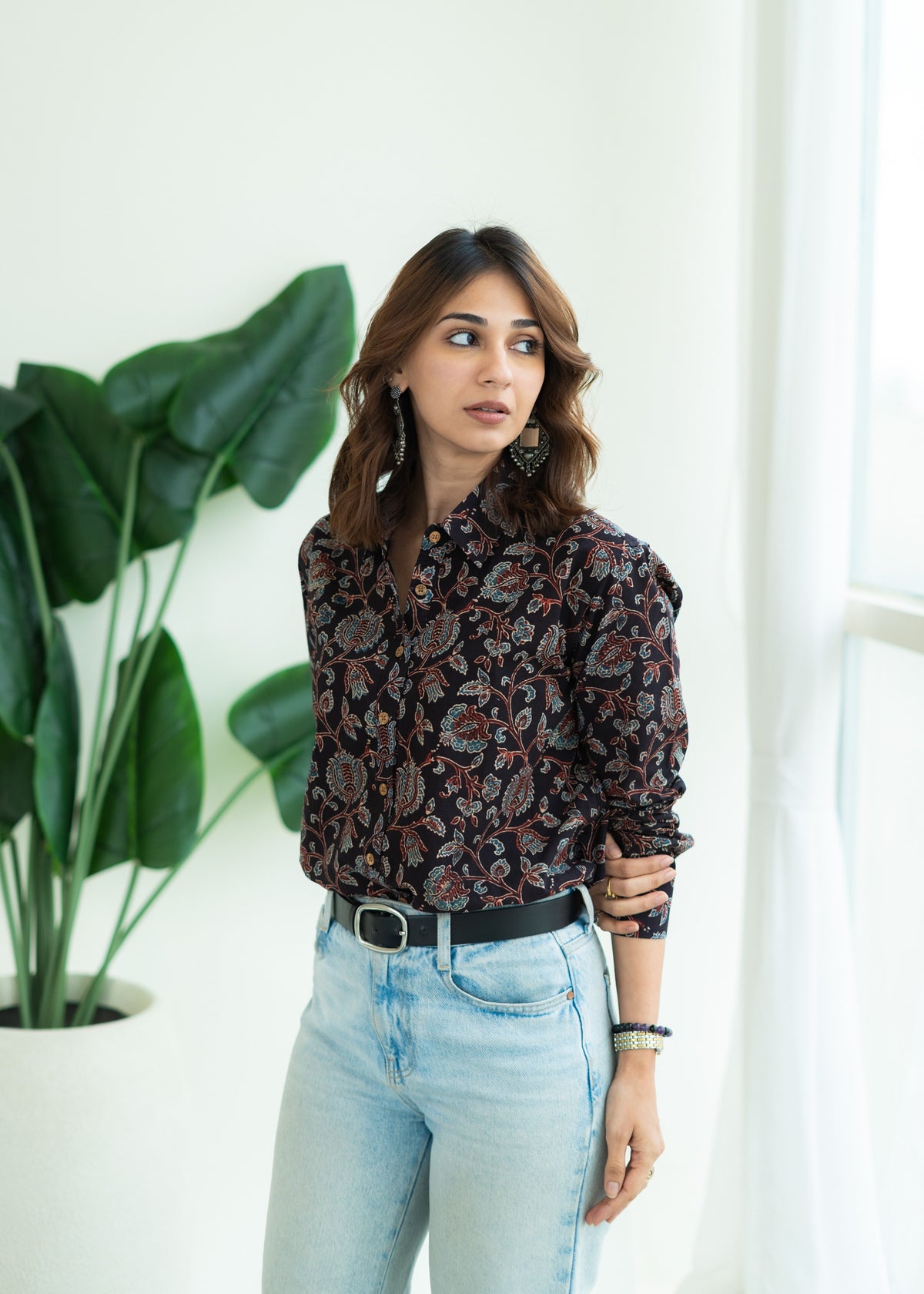 Black Ajrakh Floral Block Print Shirt