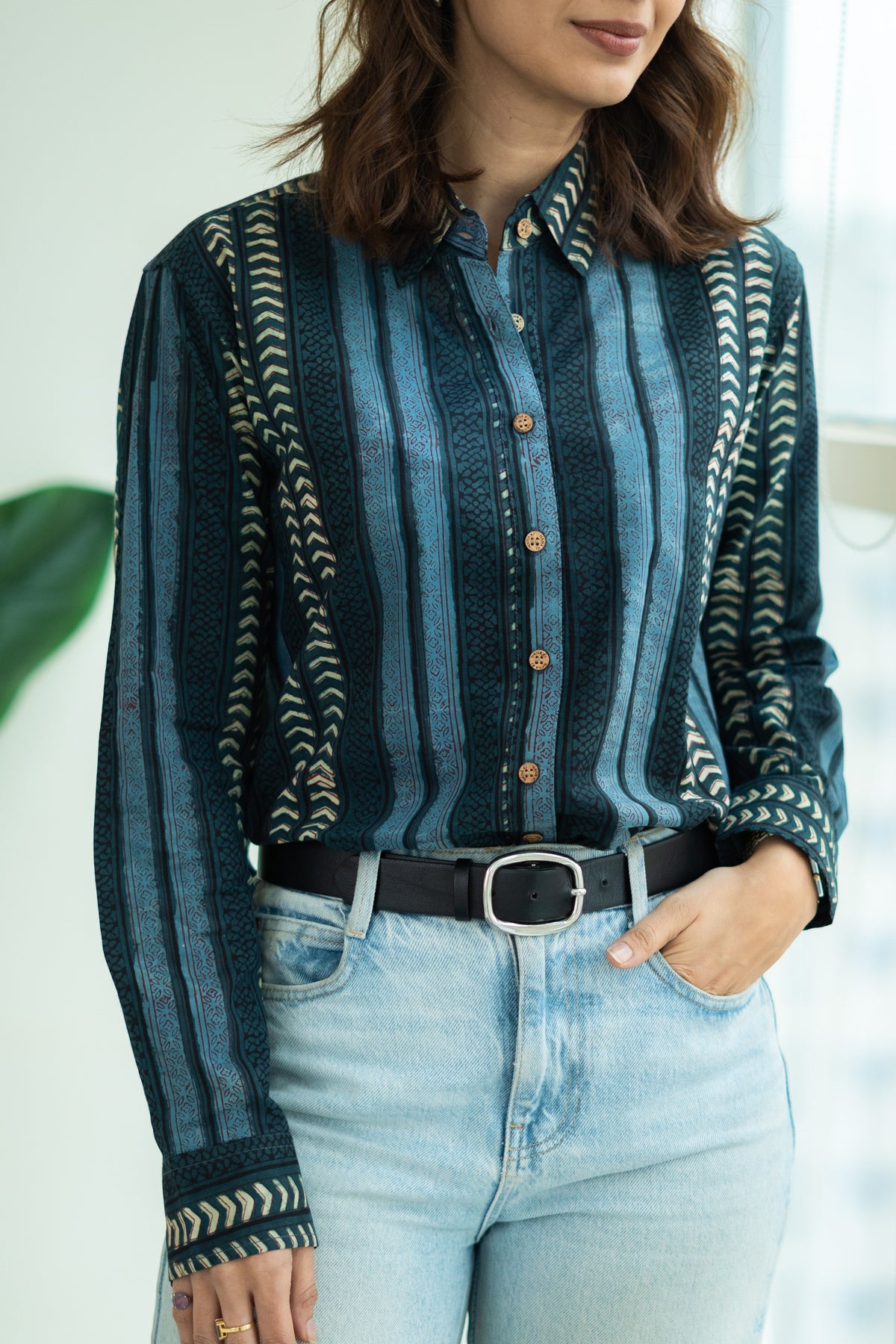 Indigo Royale Stripe Handblock Cotton Shirt