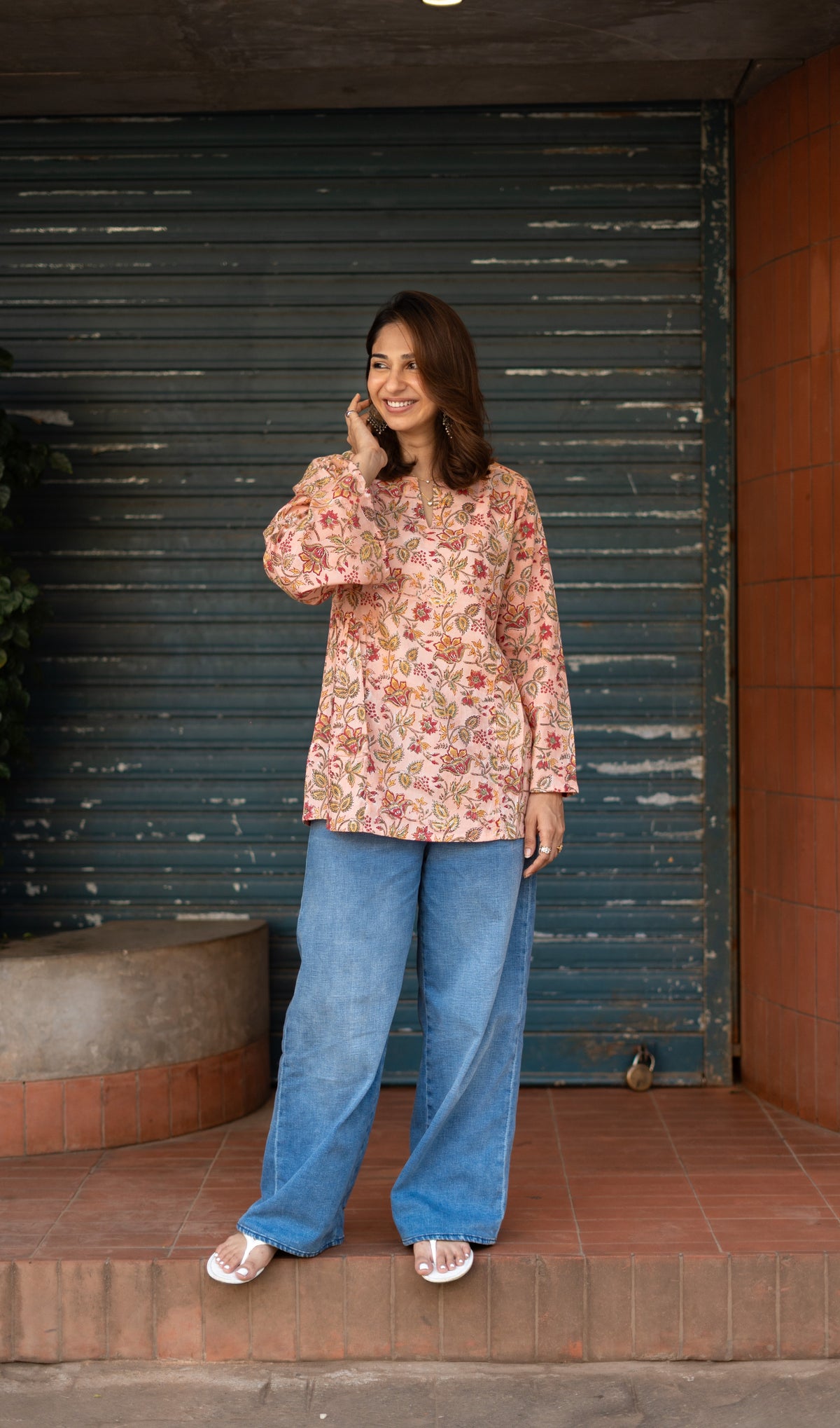 Jaipuri Peach Blossom Bell Sleeves Cotton Short Top
