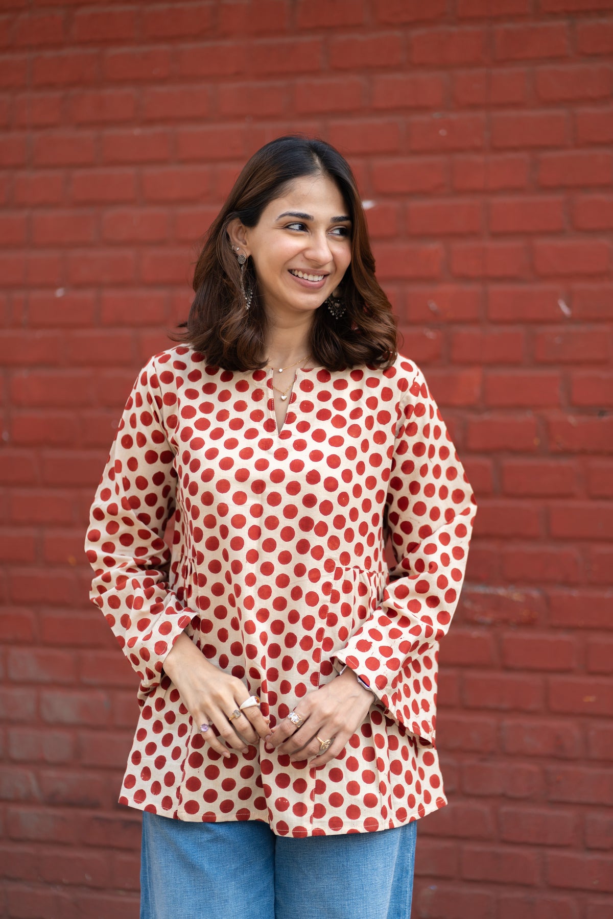 Red Polka Bell Sleeves Cotton Short Top