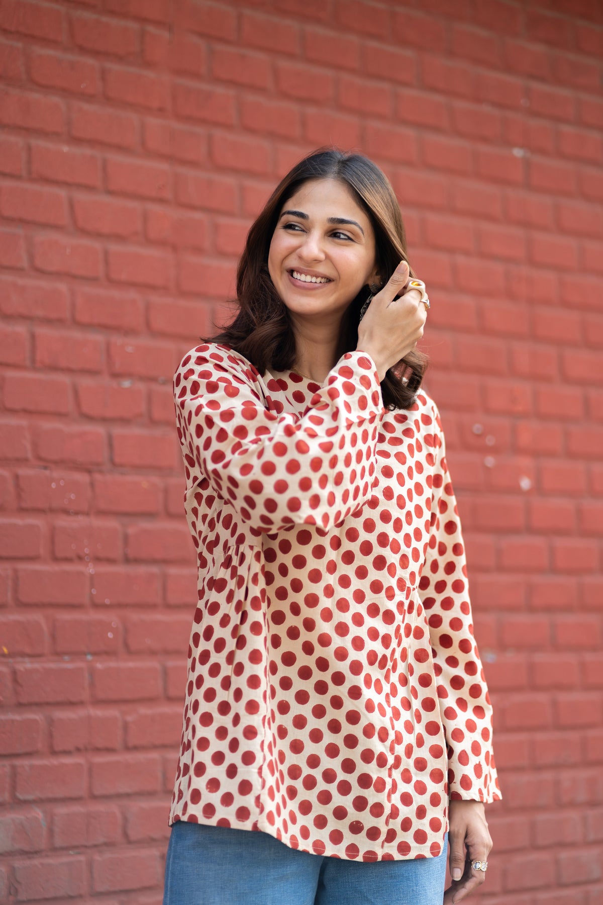 Red Polka Bell Sleeves Cotton Short Top