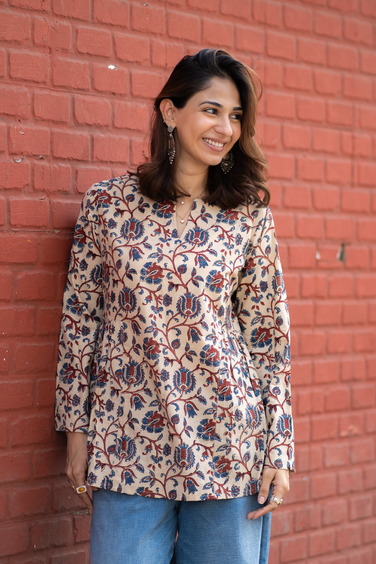 Ajrakh Indigo Beige Red Bell Sleeves Cotton Short Top