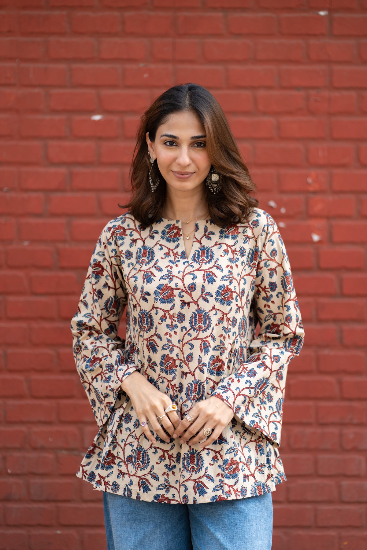 Ajrakh Indigo Beige Red Bell Sleeves Cotton Short Top