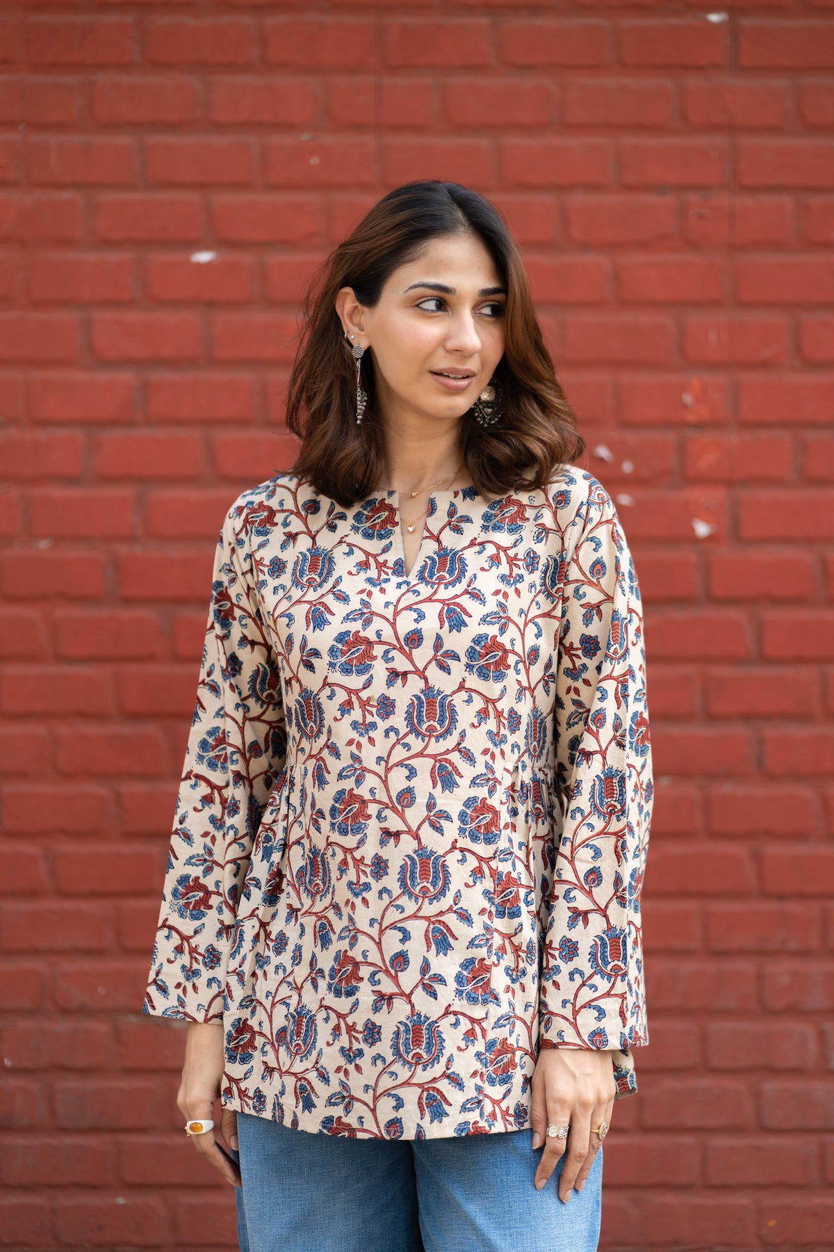 Ajrakh Indigo Beige Red Bell Sleeves Cotton Short Top
