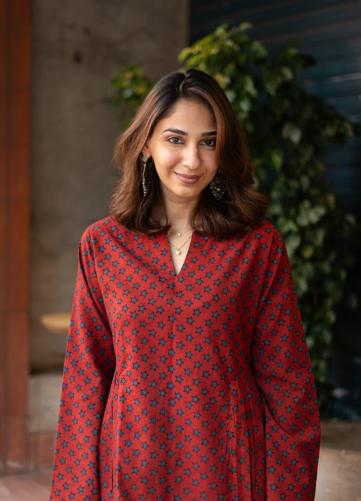 Ajrakh Madder Star Bell Sleeves Cotton Short Top