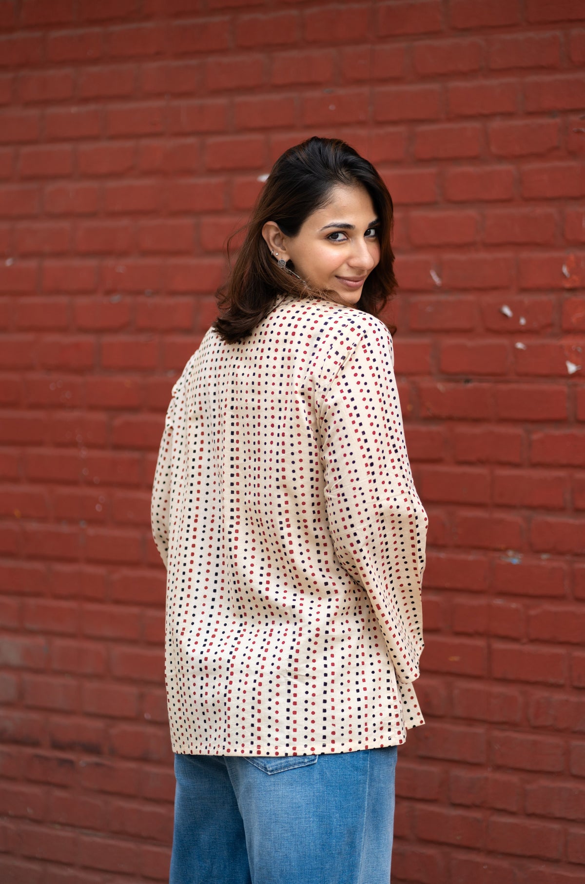 Polka Square Leher Bell Sleeves Cotton Short Top