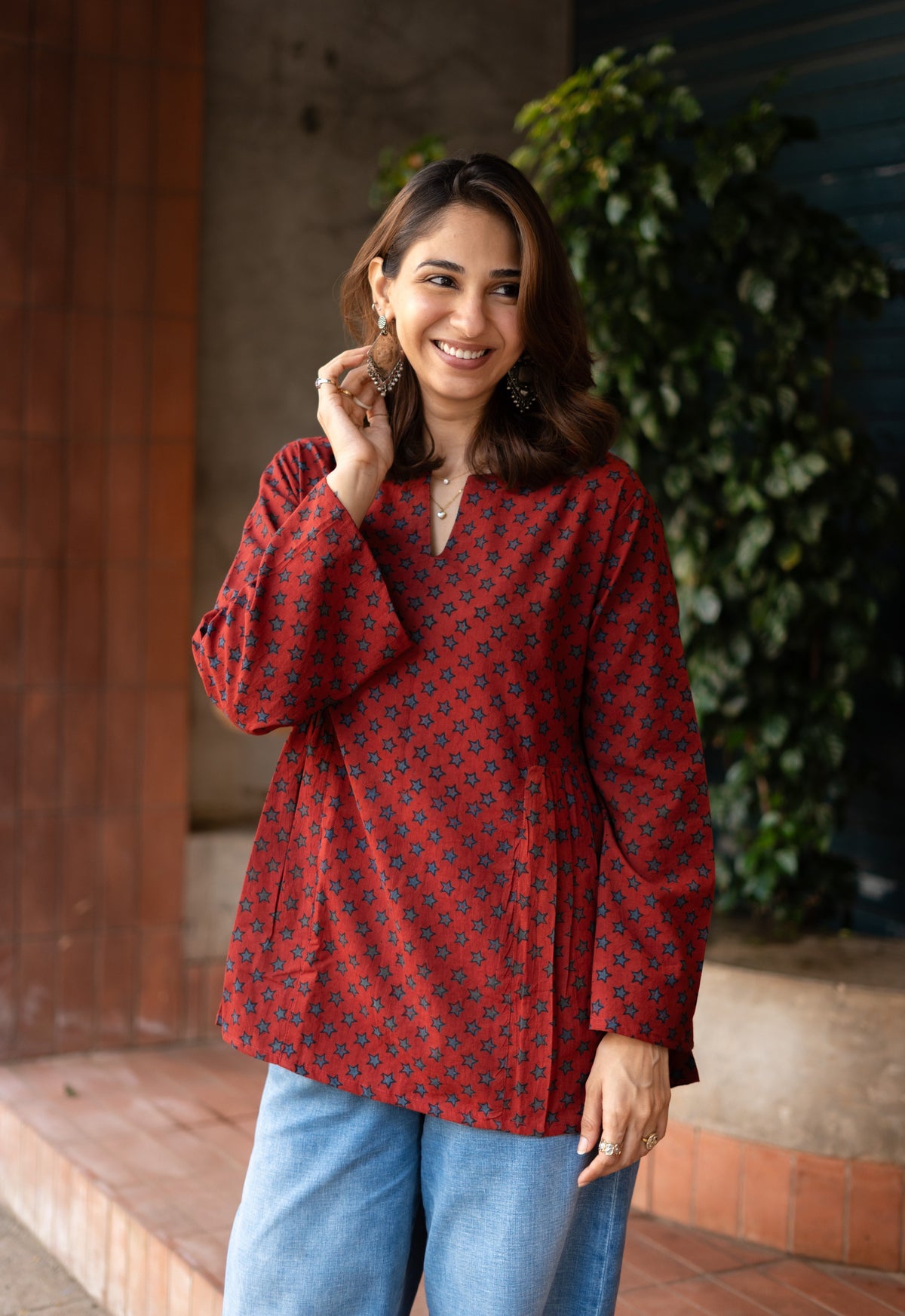Ajrakh Madder Star Bell Sleeves Cotton Short Top