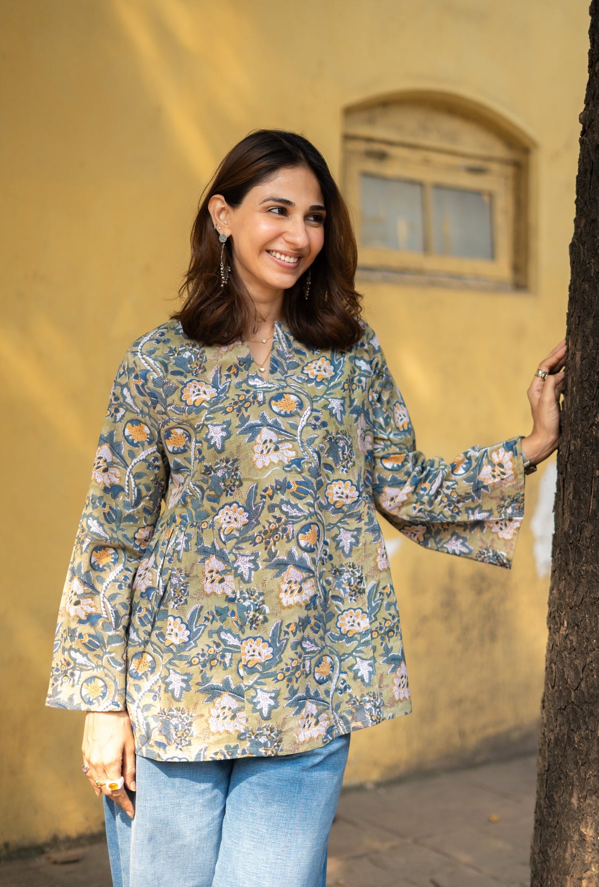 Forest Green Bell Sleeves Cotton Short Top
