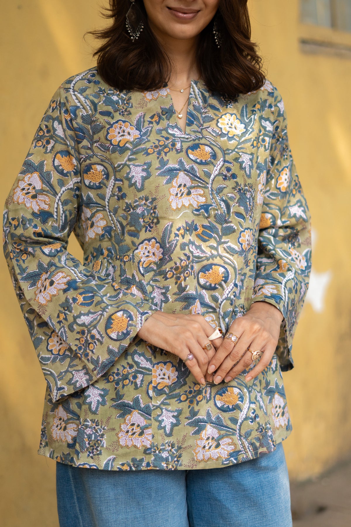 Forest Green Bell Sleeves Cotton Short Top