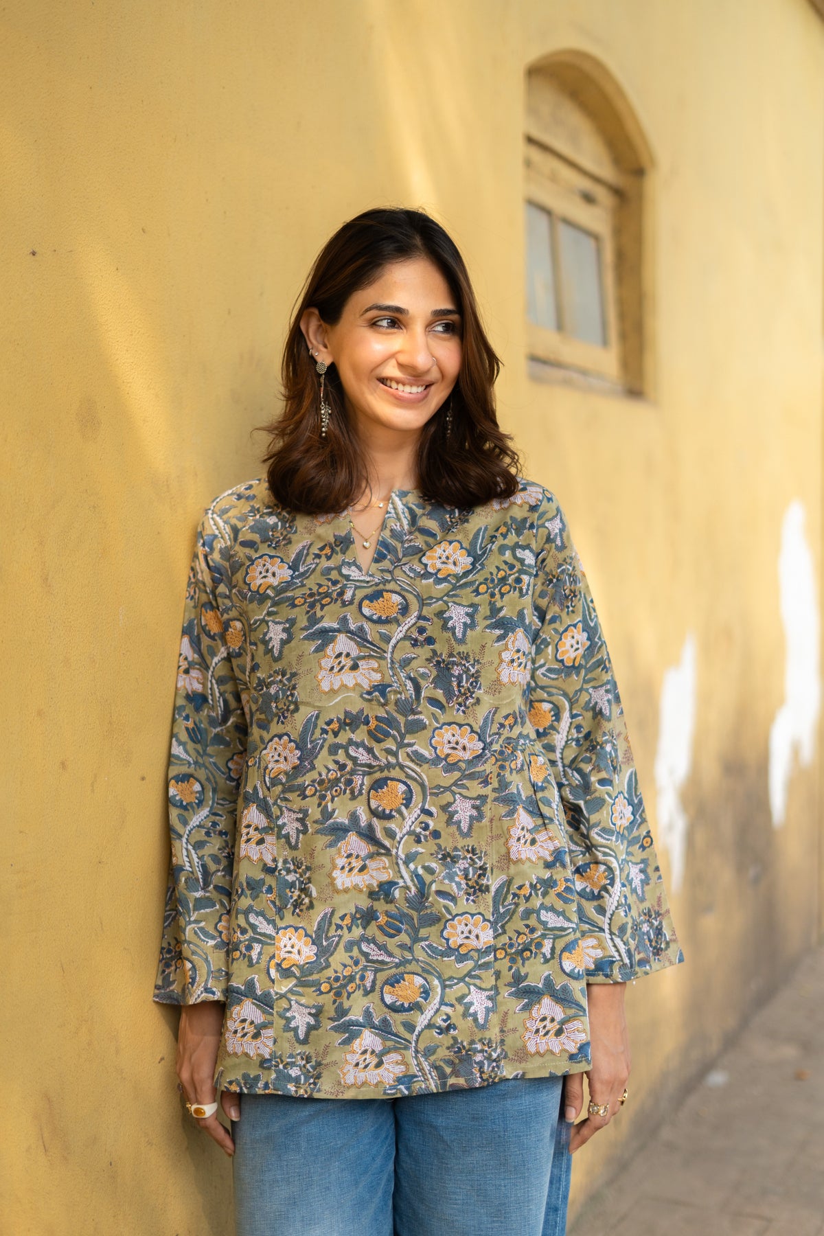Forest Green Bell Sleeves Cotton Short Top