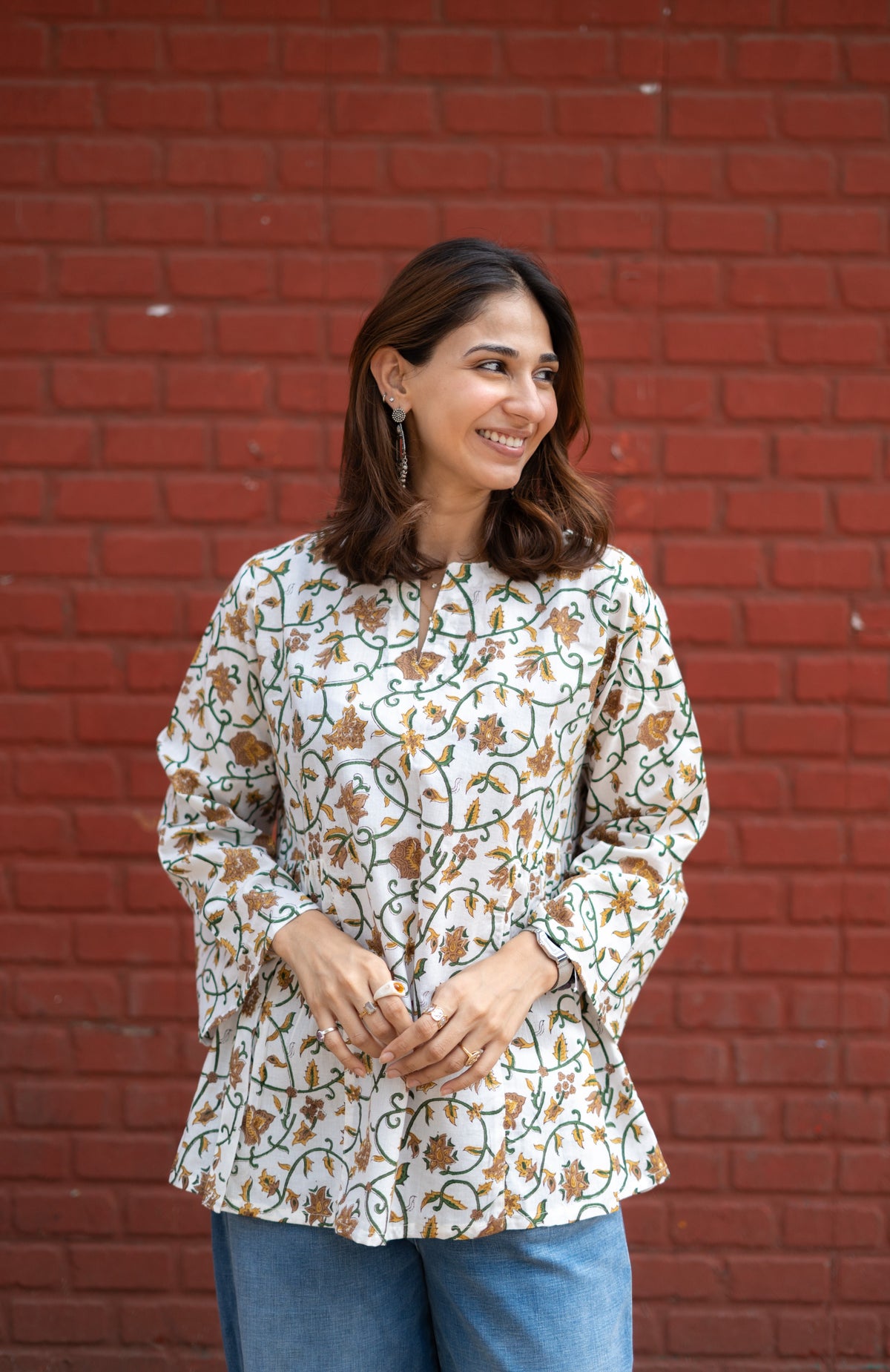 White Gold Floral Bell Sleeves Cotton Short Top