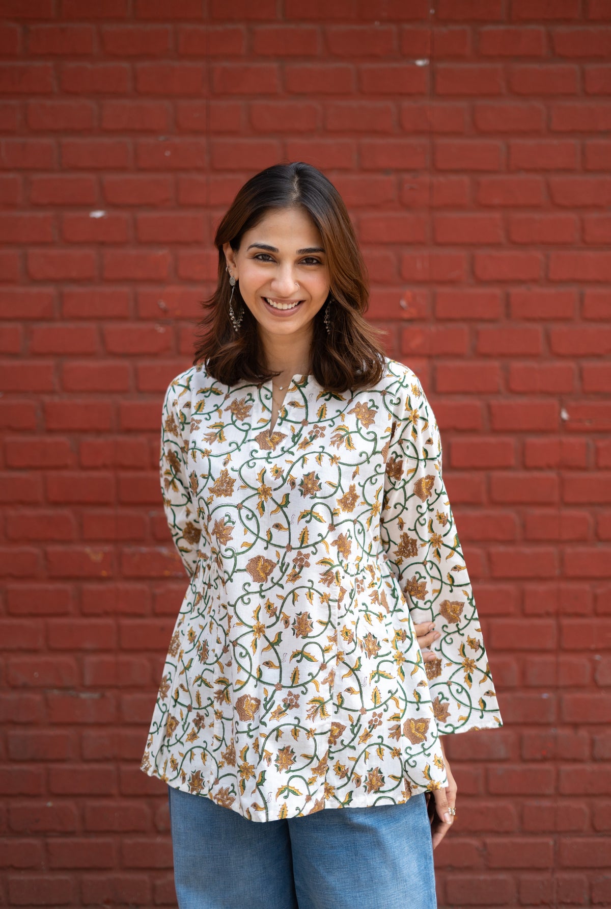 White Gold Floral Bell Sleeves Cotton Short Top