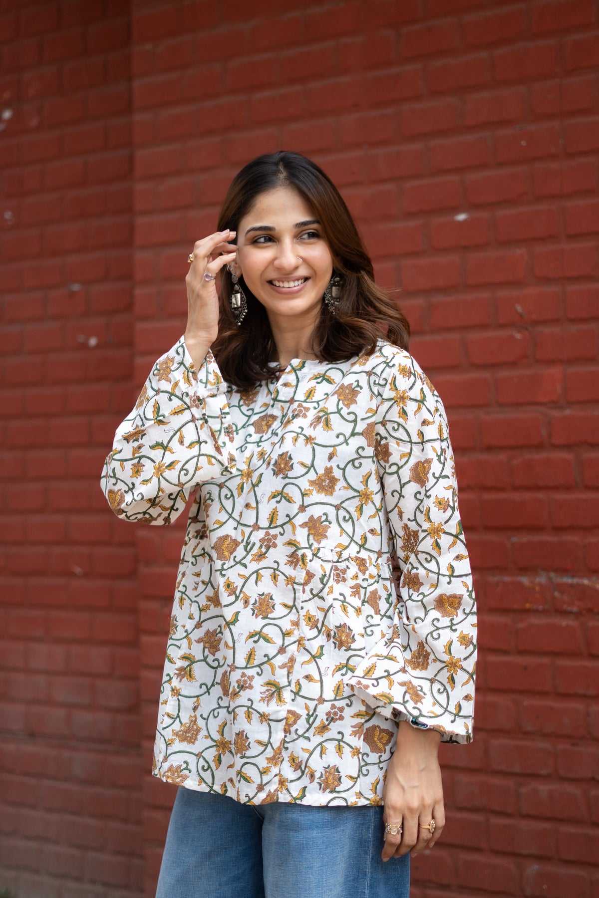 White Gold Floral Bell Sleeves Cotton Short Top