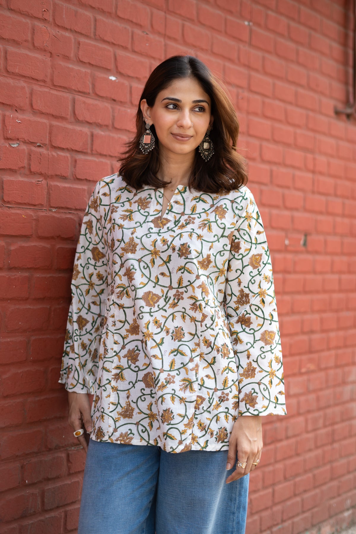 White Gold Floral Bell Sleeves Cotton Short Top